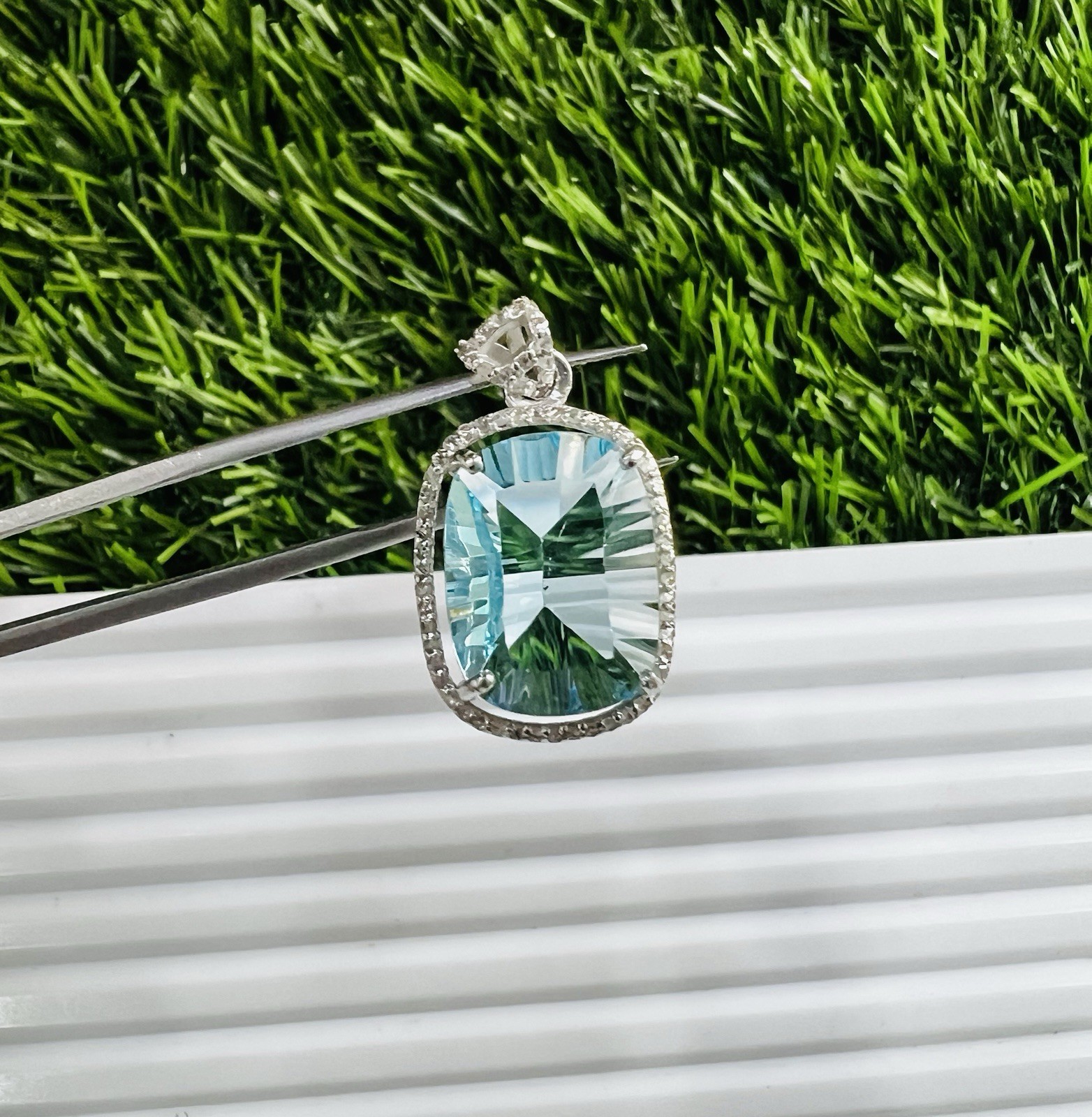 Blue Topaz & Diamond Sterling Silver Pendant | Concave Gemstone Jewelry 3.5 CM