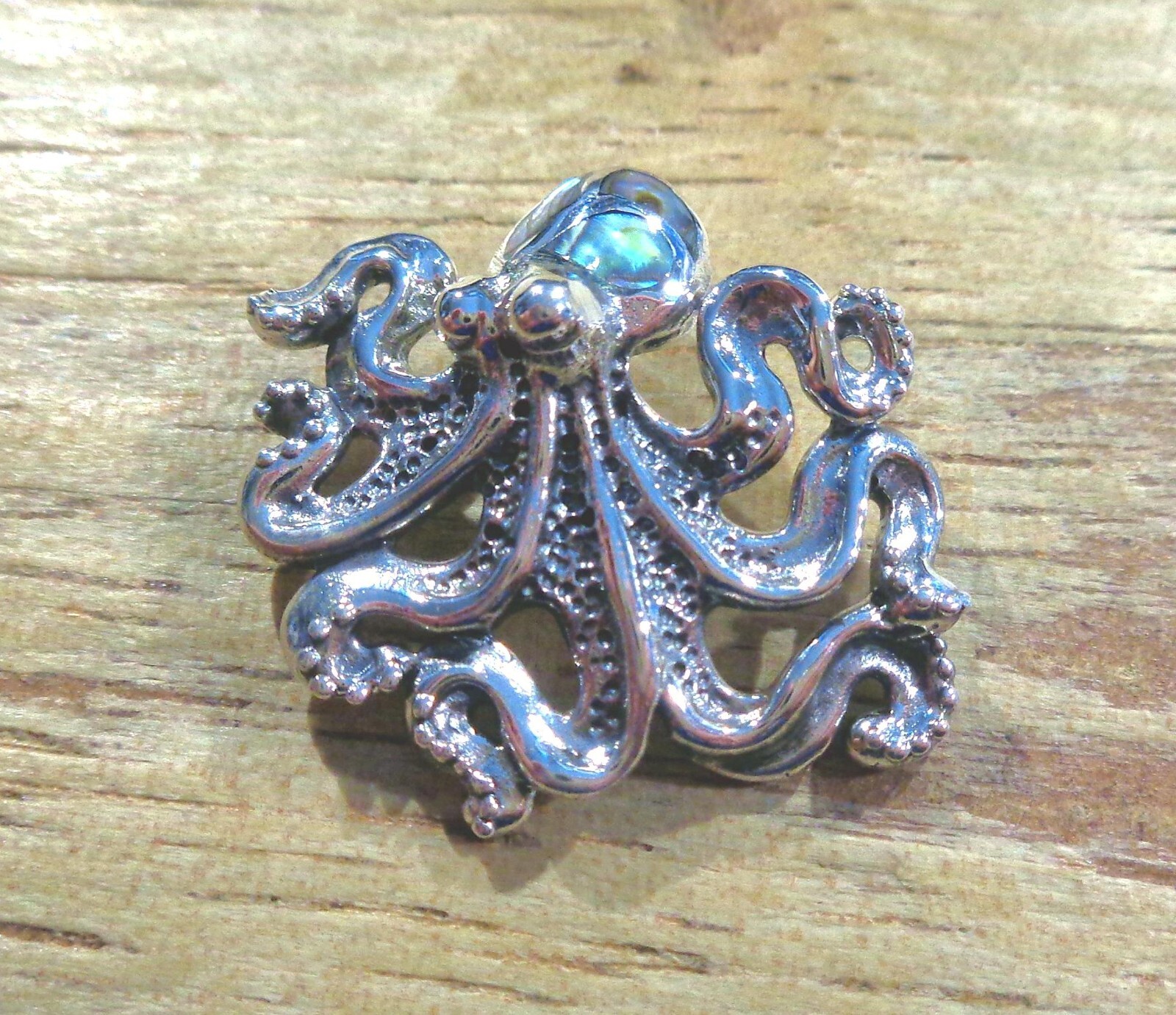28MM OXIDIZED HEAVY 925 SILVER ABALONE HAWAIIAN HE’E TAKO OCTOPUS SLIDE PENDANT