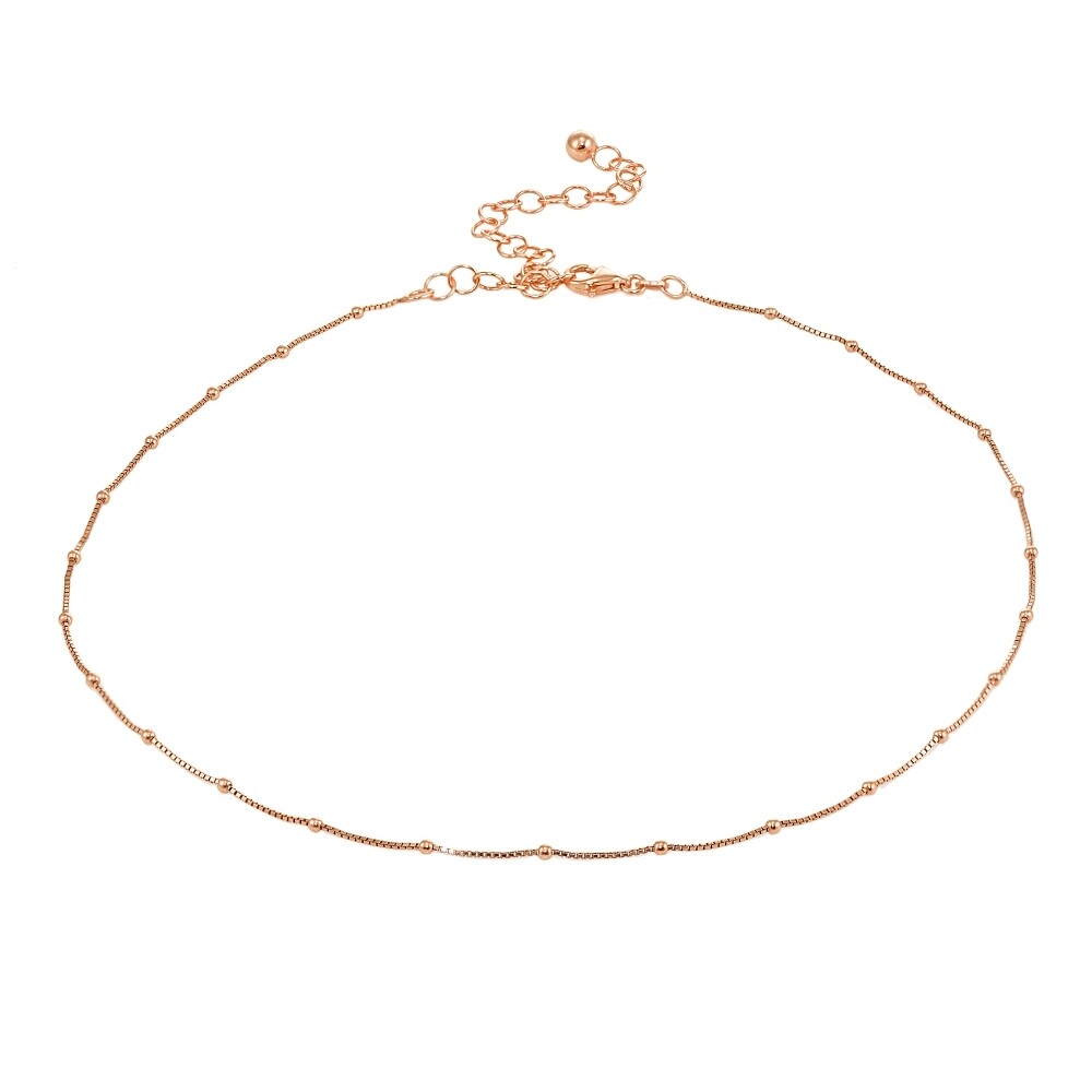 Station Beads Italian Box Chain Choker Necklace in Rose Gold Plated 925 Silver