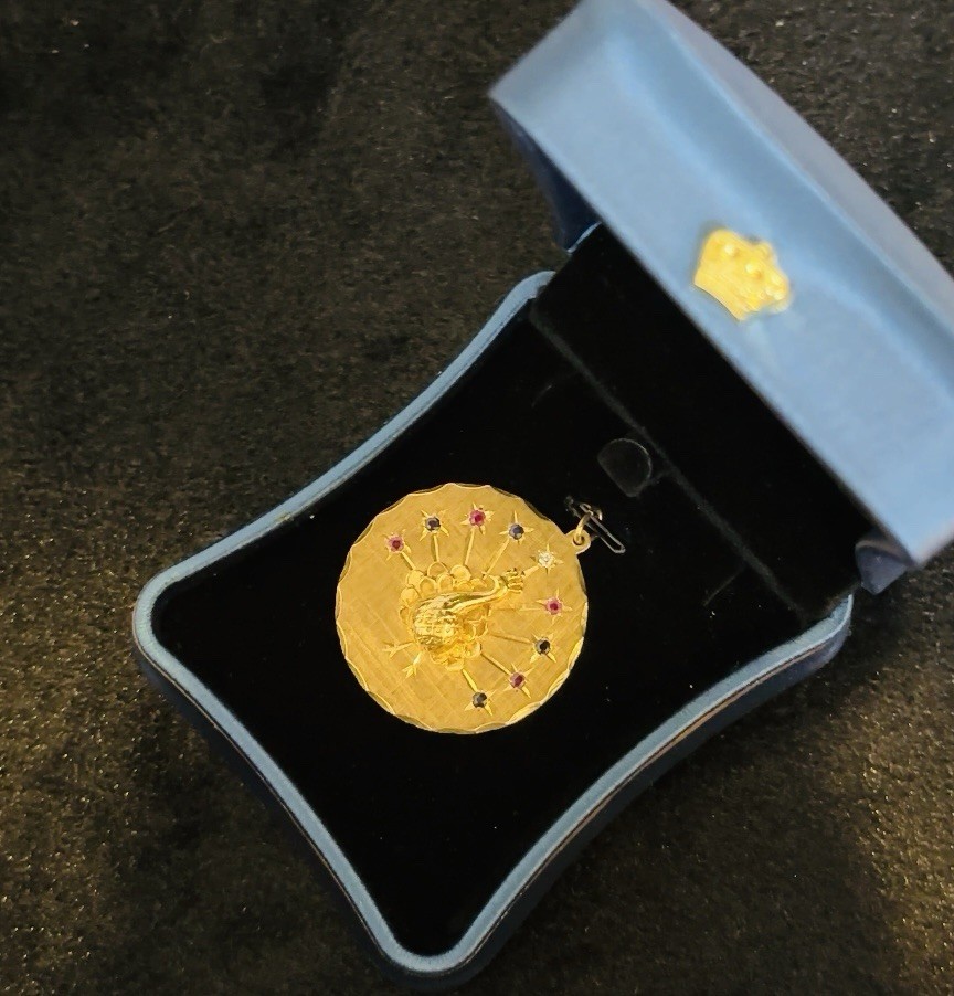 14K Yellow Gold Peacock Pendant Ruby Sapphire Gemstone Medallion Charm