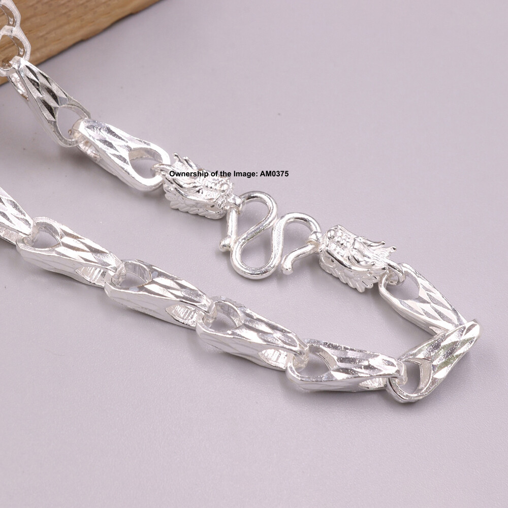 Pure 999 Fine Silver 5mm Triangle Link Chain Dragon Head Necklace 23.6inch