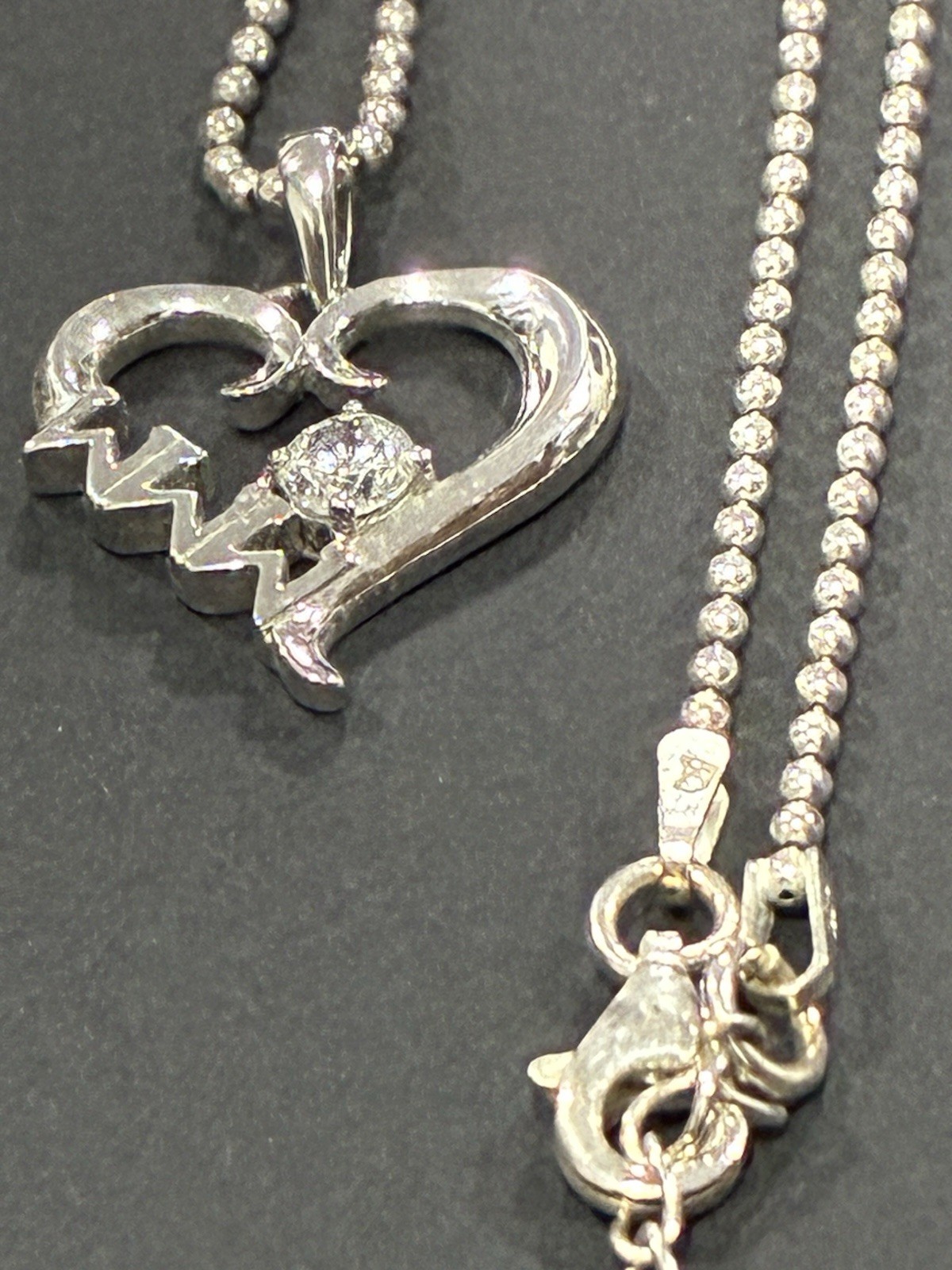 Sterling Silver 925 Heart Love Charm Pendant Ball Chain Lobster Clasp Signed