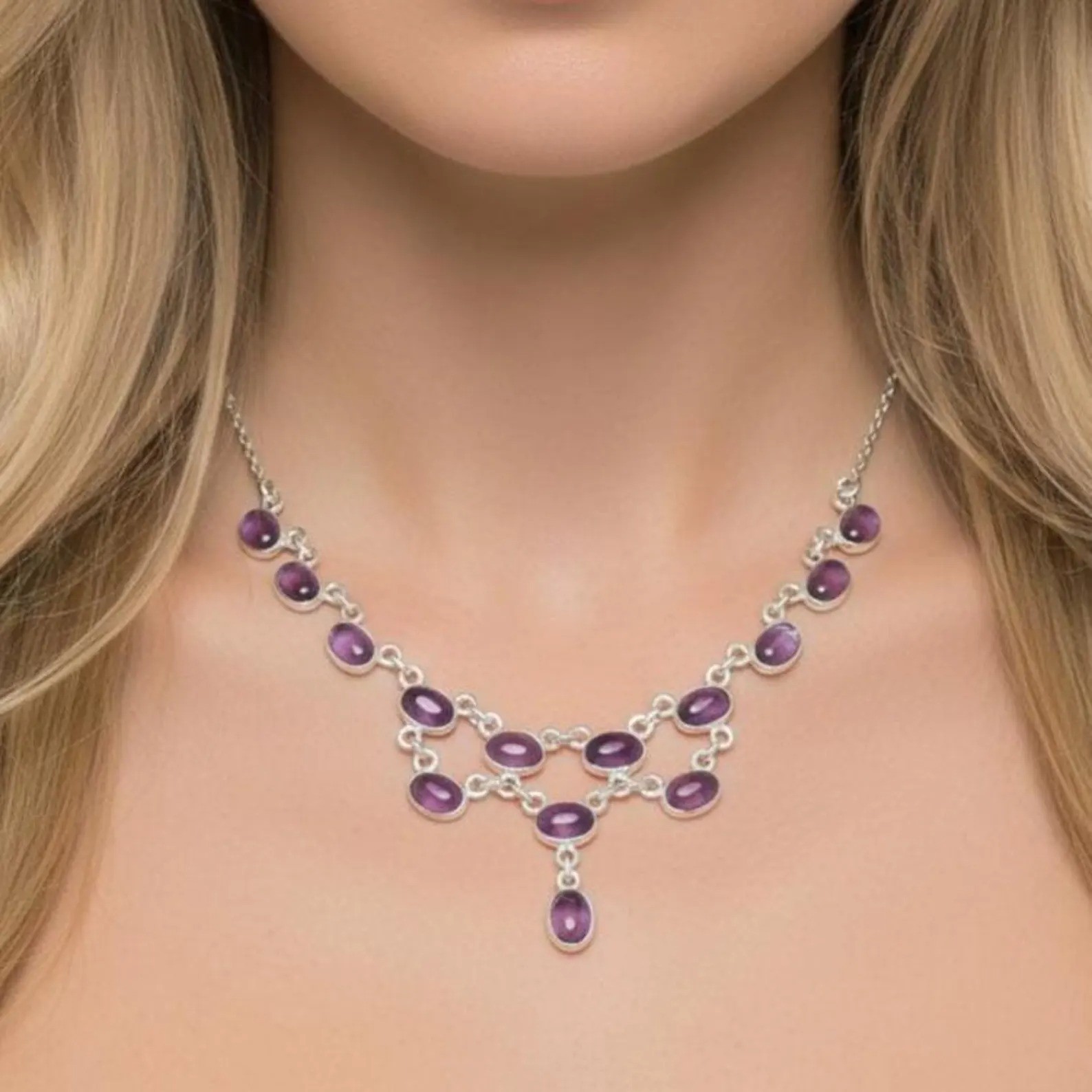 Purple Amethyst Sterling Silver Layered Gemstone Adjustable Necklace