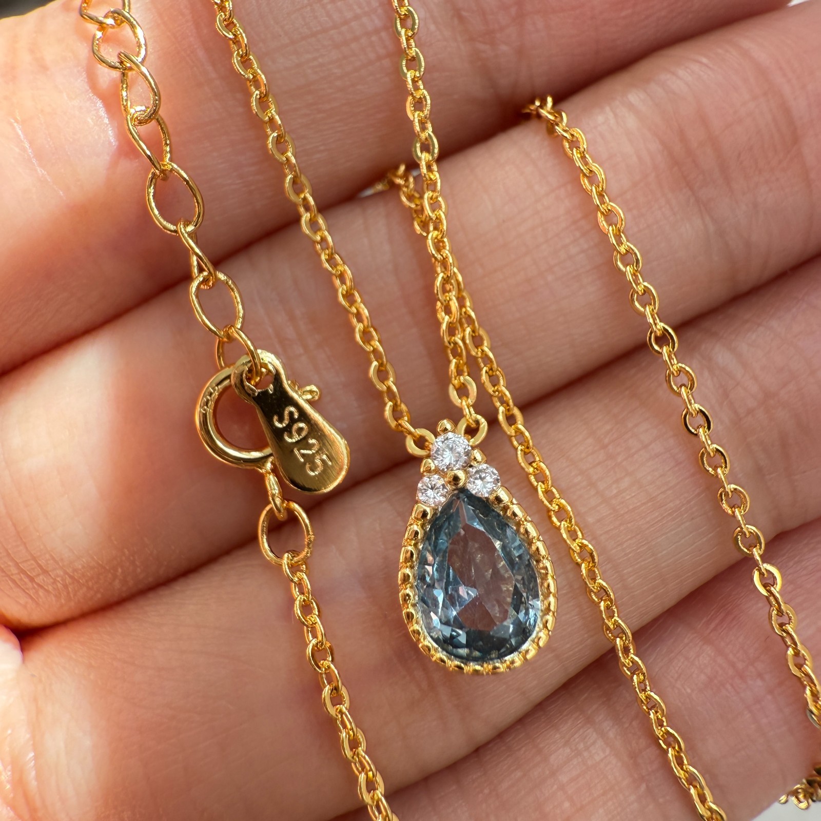 925 Sterling Silver Necklace 8x6mm Natural Aquamarine Zircon 14K Gold Plated NEW
