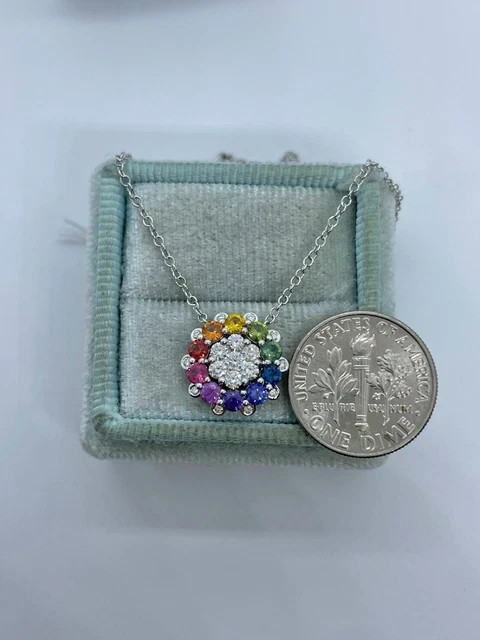 1.20Ctw Round Lab Created Multicolor Flower Pendant 14K White Gold Plated Chain