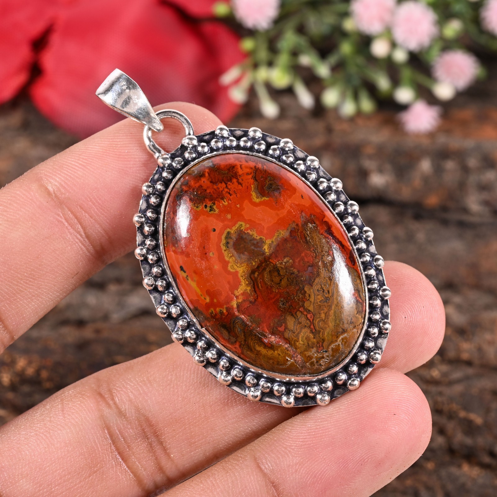 Natural Moroccan Seam Agate Gemstone Pendant Sterling Silver Jewelry 37X26X9 MM