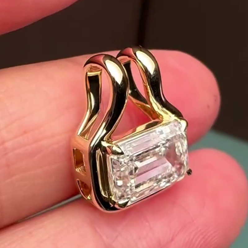 2.97 CT Emerald Cut Moissanite Bezel Set Pendant No Chain 14k Yellow Gold Plated