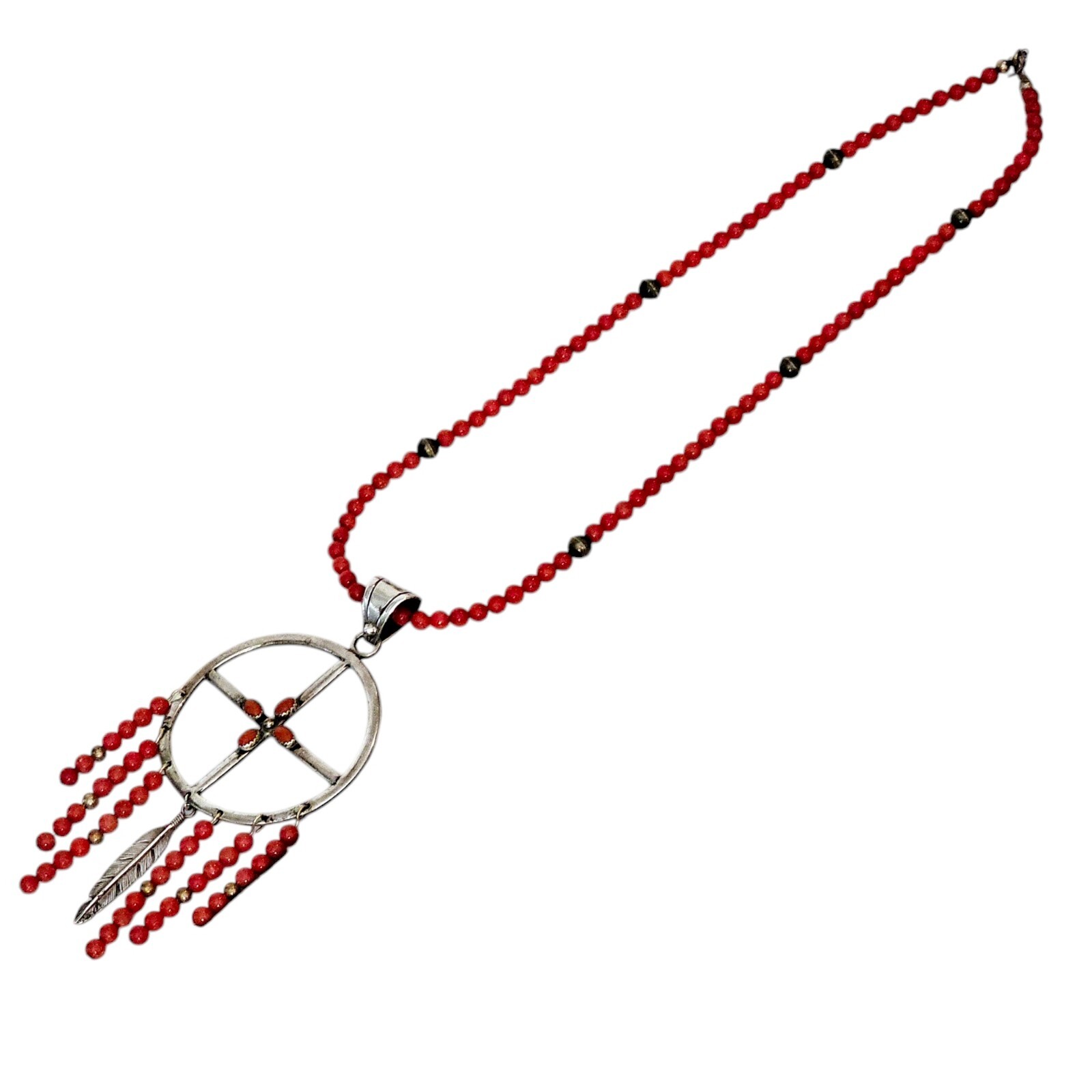 SOUTHWEST Necklace Dreamcatcher 925 Sterling Silver Coral Bead Chain Signed B