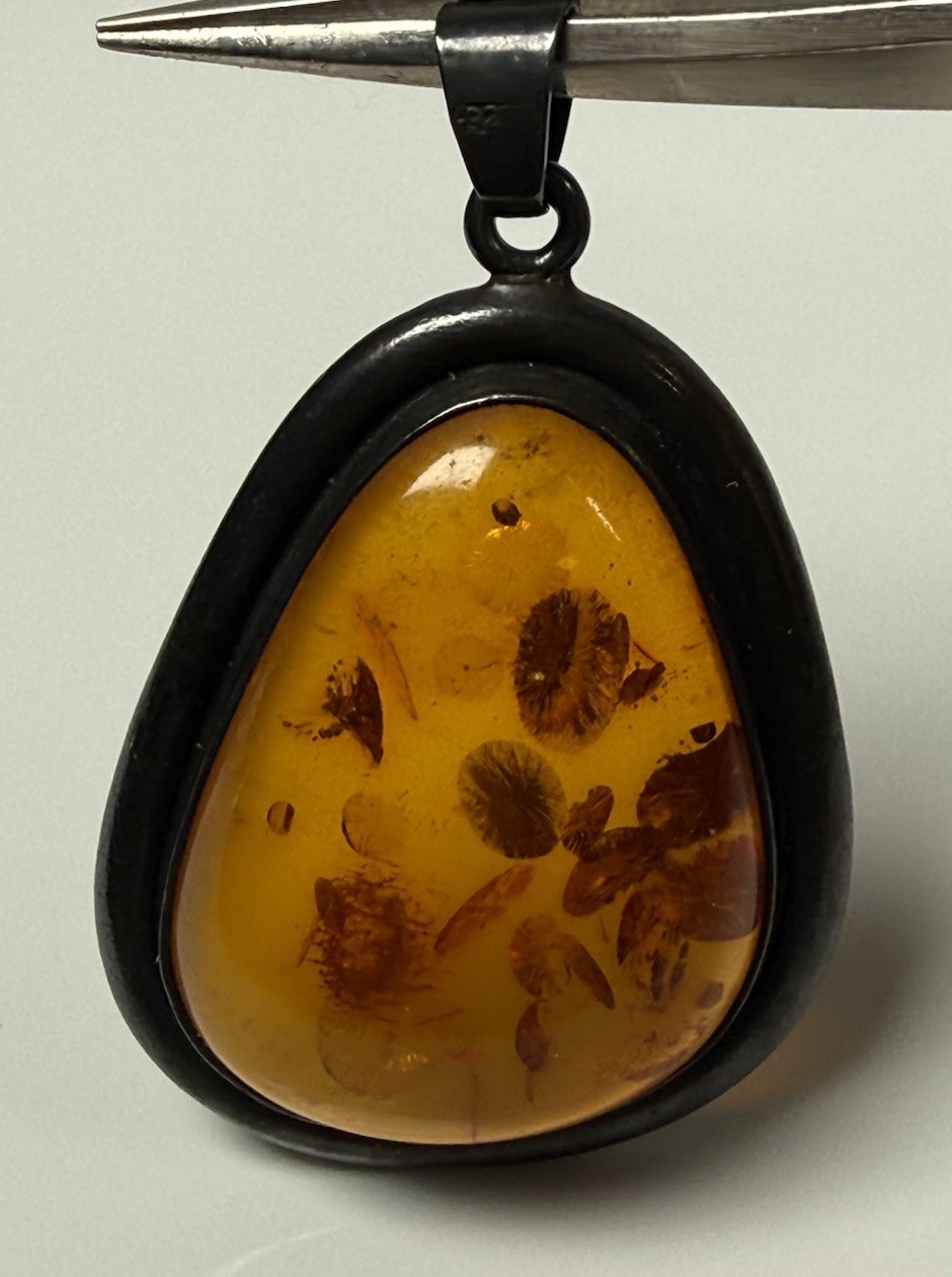 Orange Amber Cabochon Sterling Silver Asymmetrical 2”Pendant 925