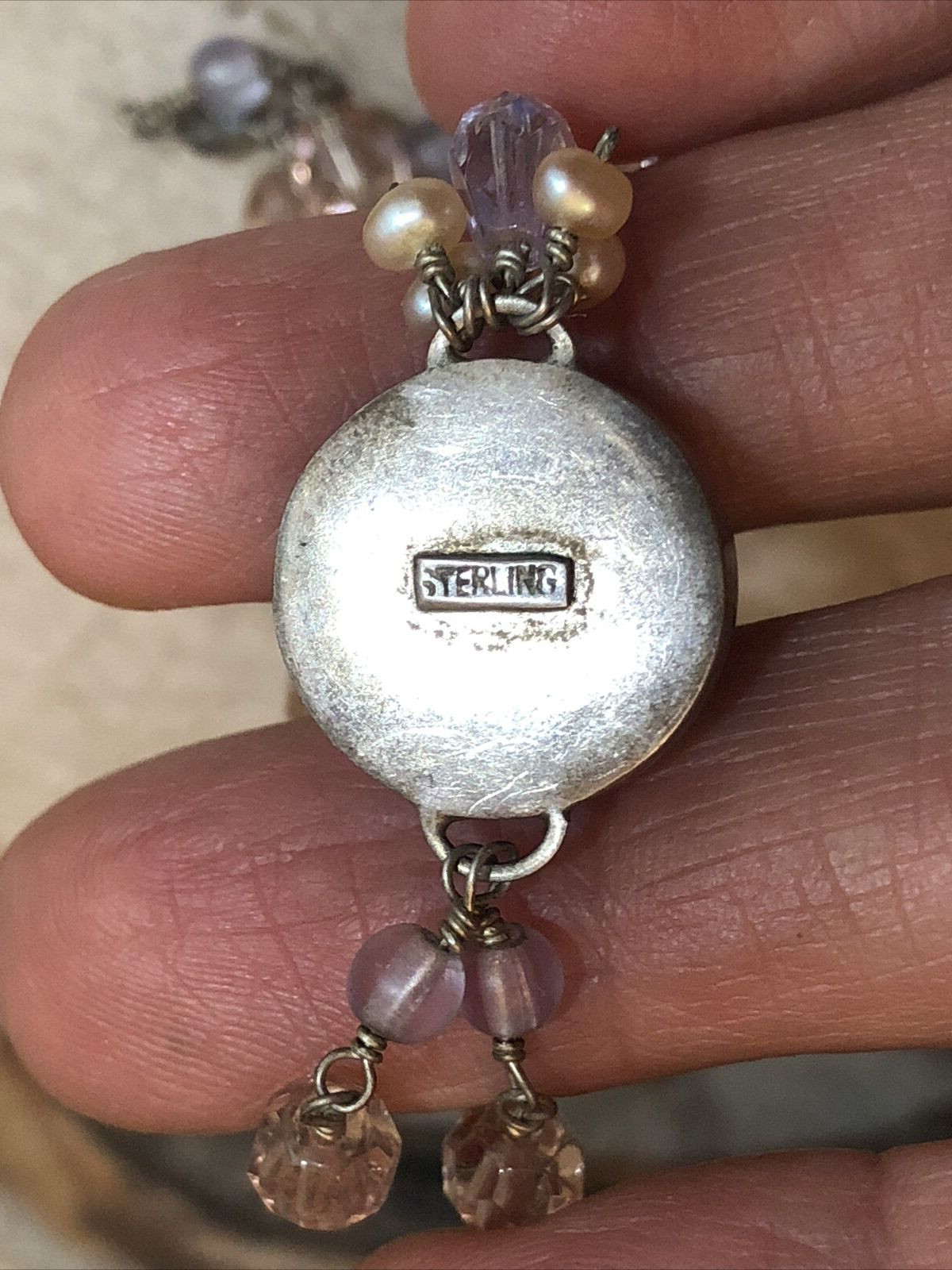 Vintage F.L.D. Sterling 925 Wire Wrap Glass Pearl MOP Pendant Amethyst Necklace
