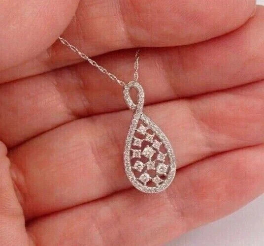 1.50 CTW Round Cut Moissanite Tear Drop Pendant 18″ Chain 14K White Gold Plated