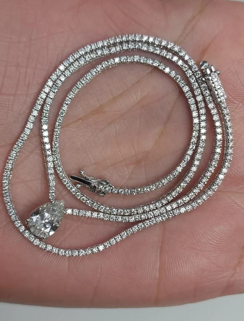 7.00Ct Teardrop Lab Created Diamond Tennis Necklace 16In 14K White Gold Plated