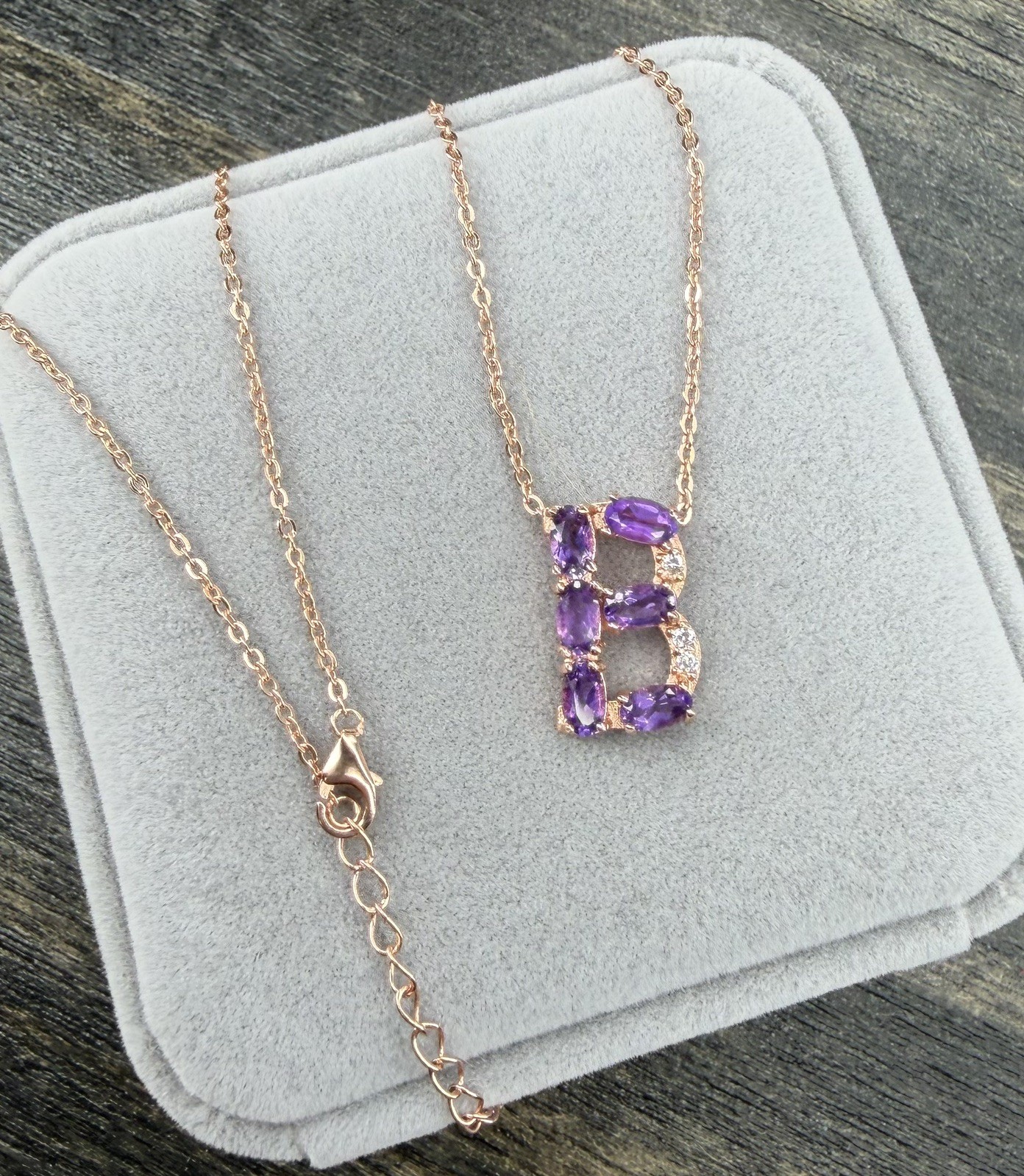 Stunning Natural Purple Amethyst Initial B 18K Rose Gold Pendant/Necklace 20 in
