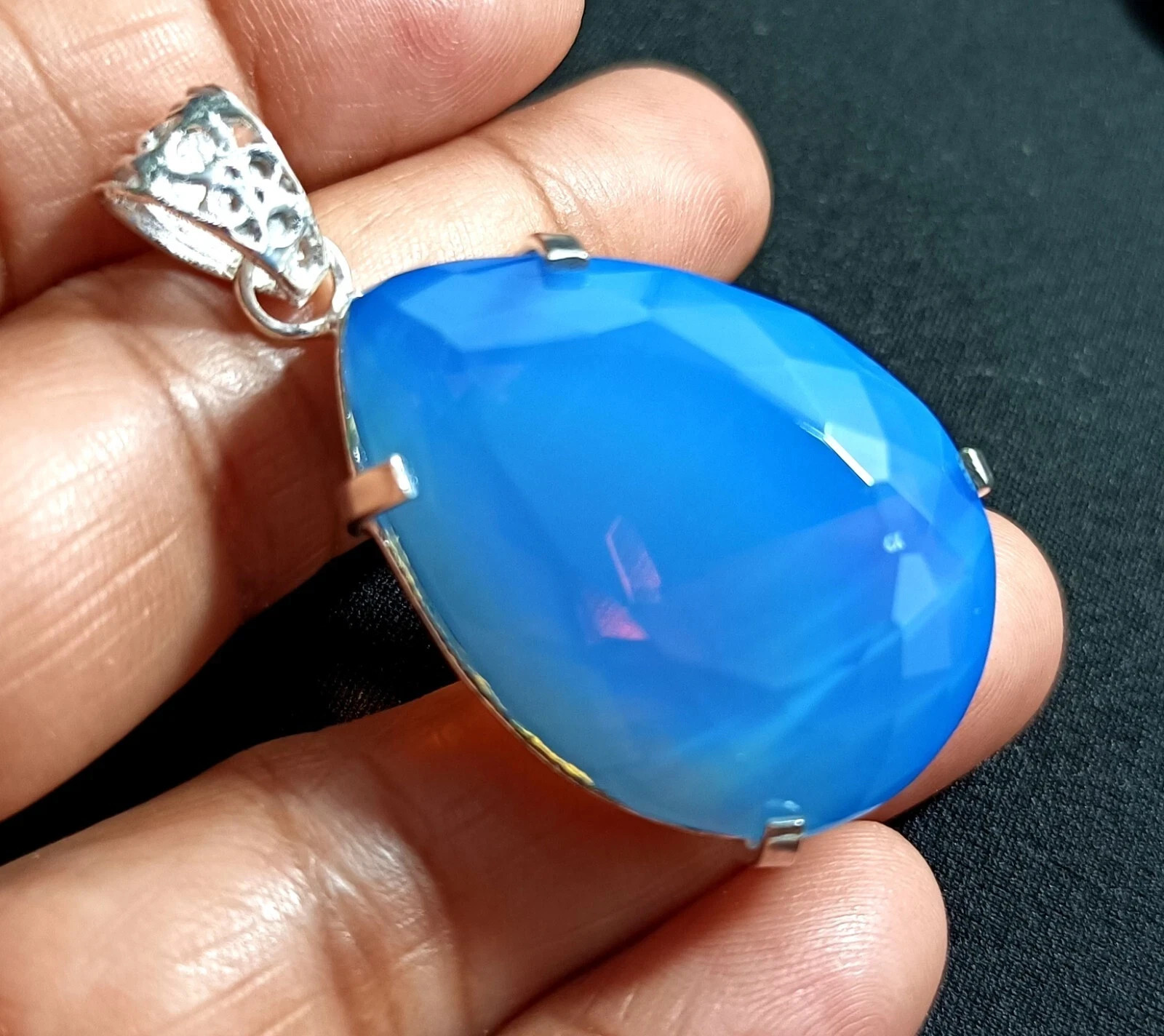 Natural Blue Opal 106 Ct Pear Cut 925 Sterling Silver Fine Jewelry Pendant