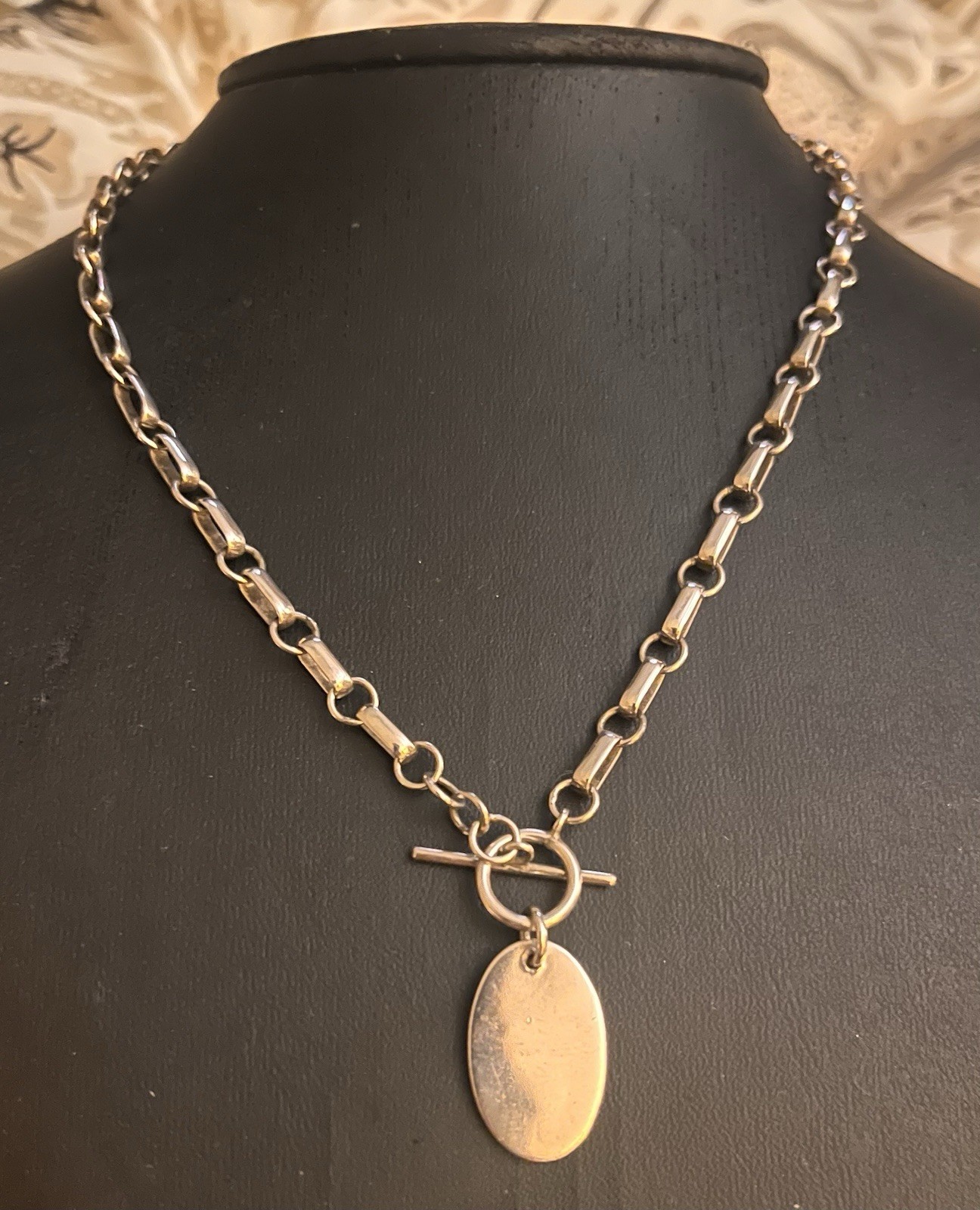 Vintage Bocco Sterling Silver Signed 925 Oval Toggle Pendant Necklace Paperclip