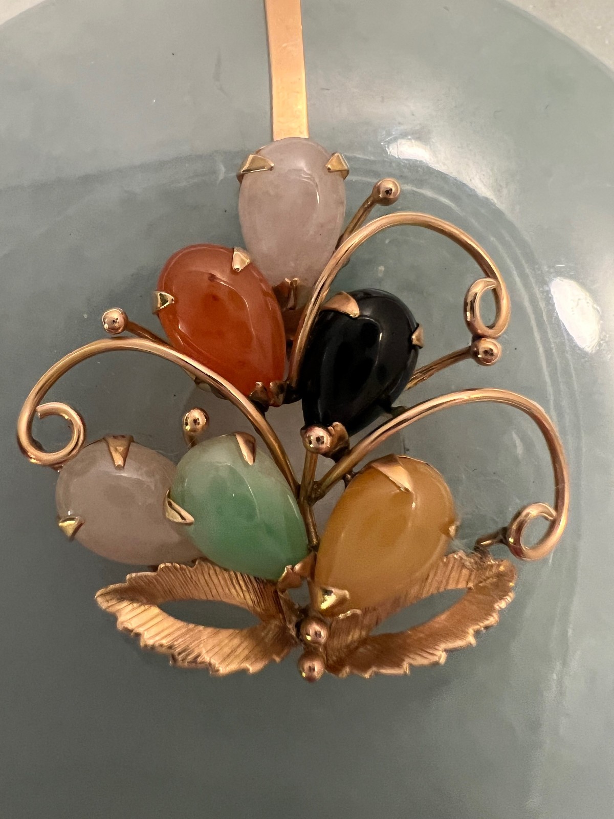 Large Pale Blue-Green Jade Bi-disc Pendant & Multicolor Cabochons and 14K Gold