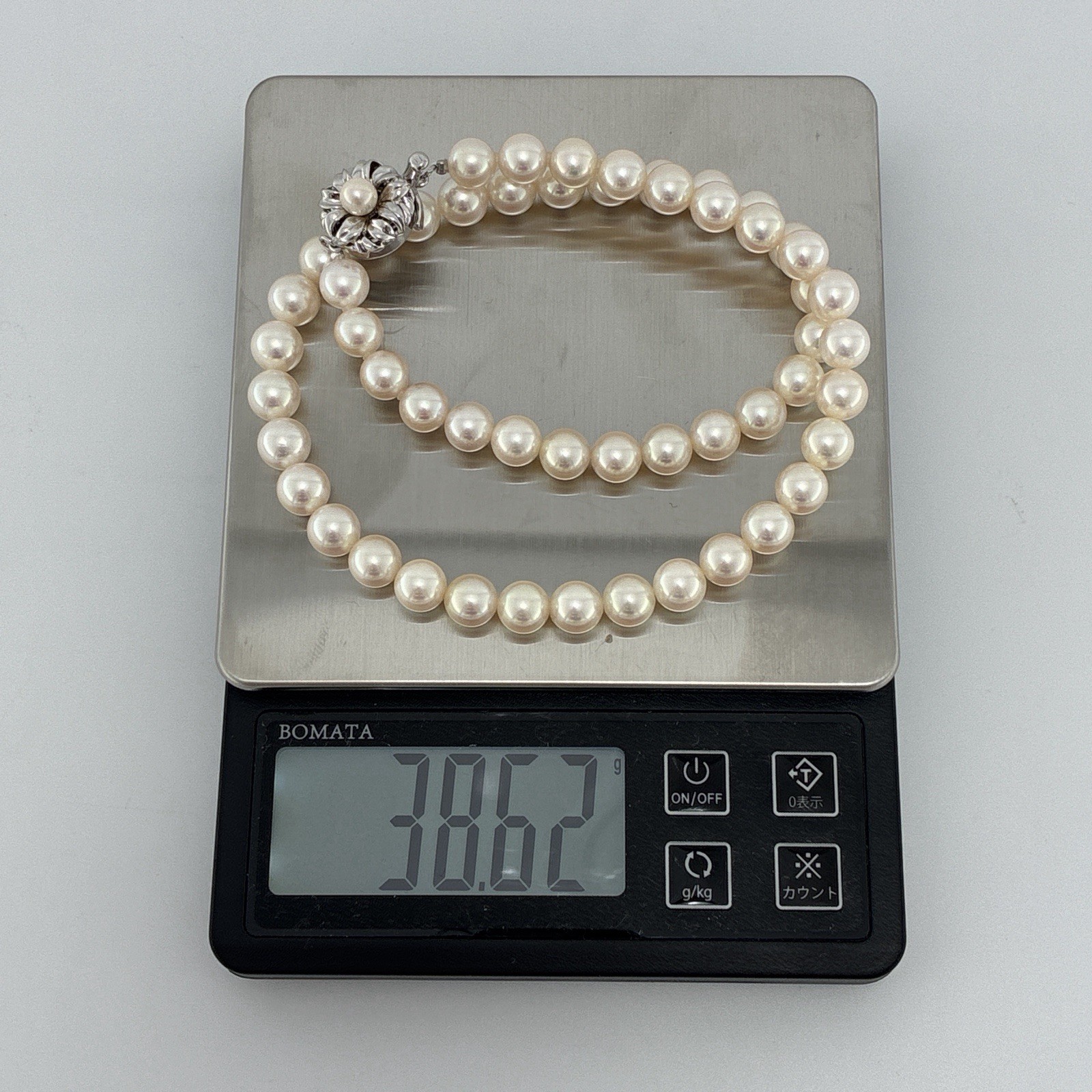 Hanadama 7.5-8mm Pearl Japanese Akoya White-Rose Necklace Silver 16.93″