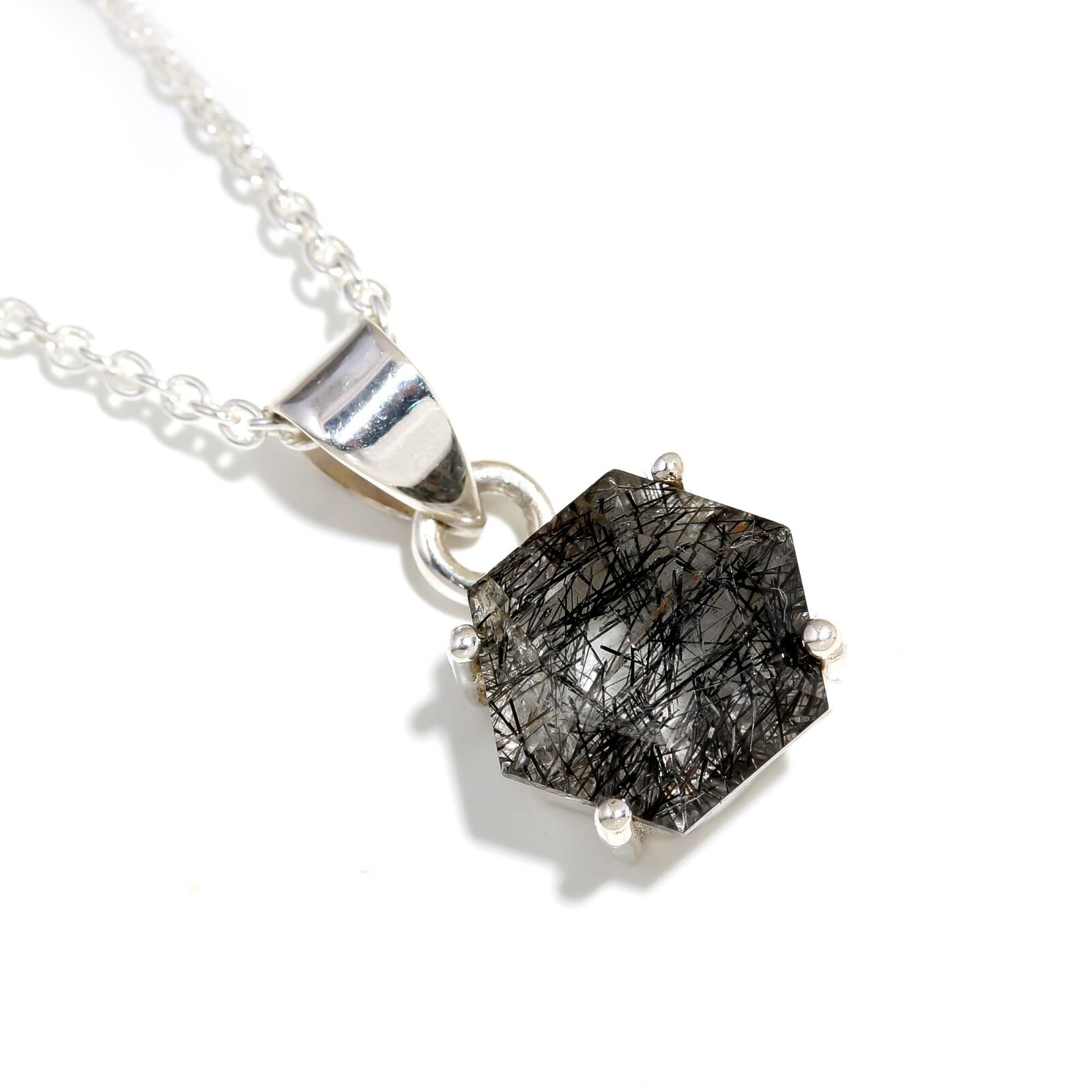 Natural Black Rutile Hexagon Shape Necklace Solid Silver Jewelry Christmas Gift