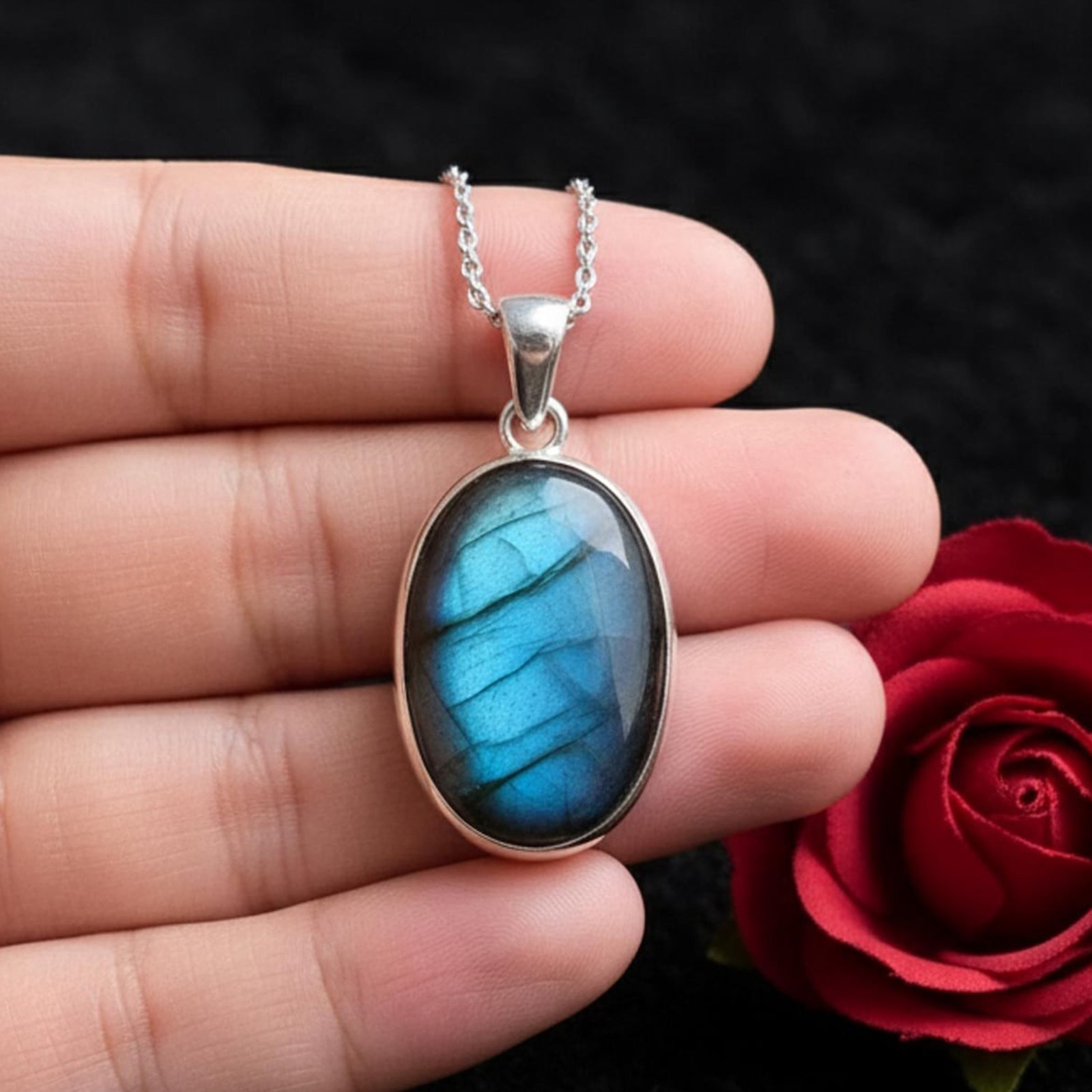 Genuine Oval Blue Labradorite Pendant 925 Sterling silver Necklace Gift For Her
