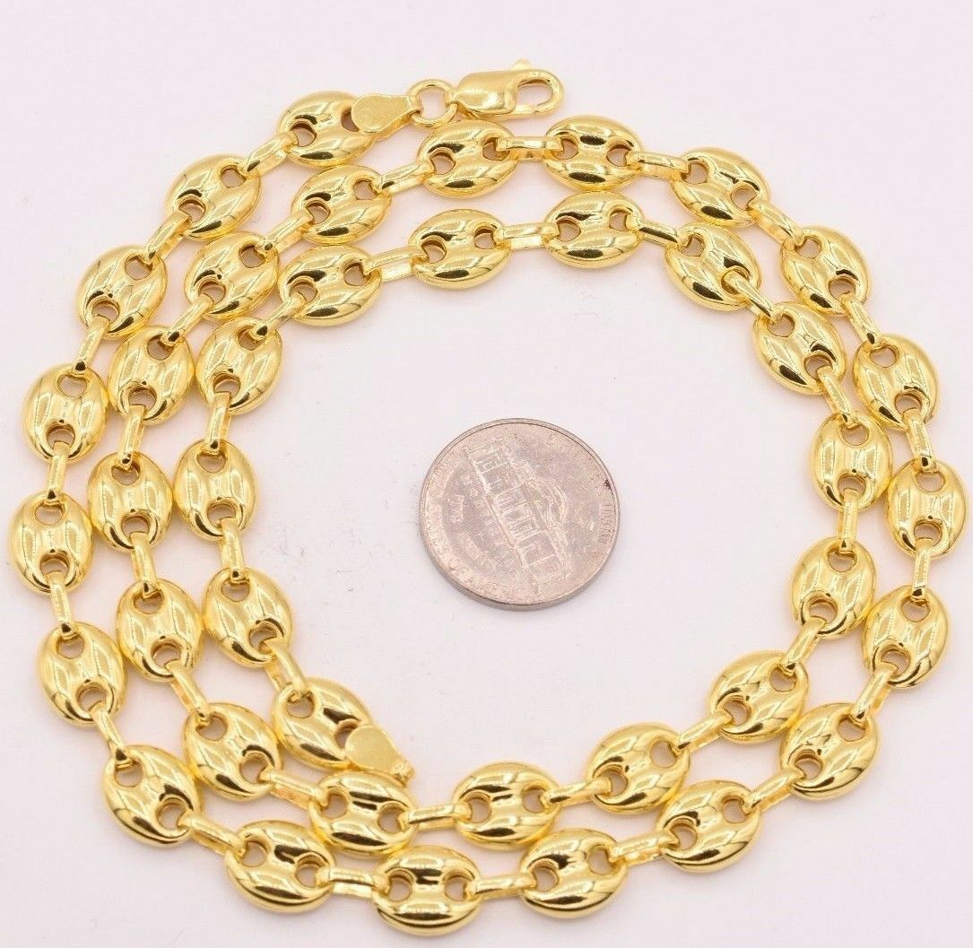 9mm Puffed Anchor Mariner Link Chain Necklace 14K Yellow Gold Plated Silver 925