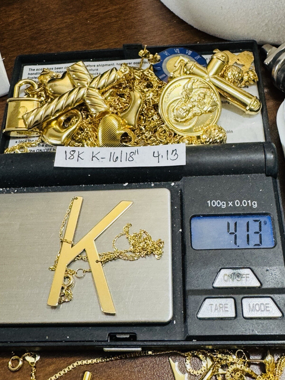 18K 750 18C Gold Letter K initial Necklace 16.5/17.5” Long 1mm 4.1g