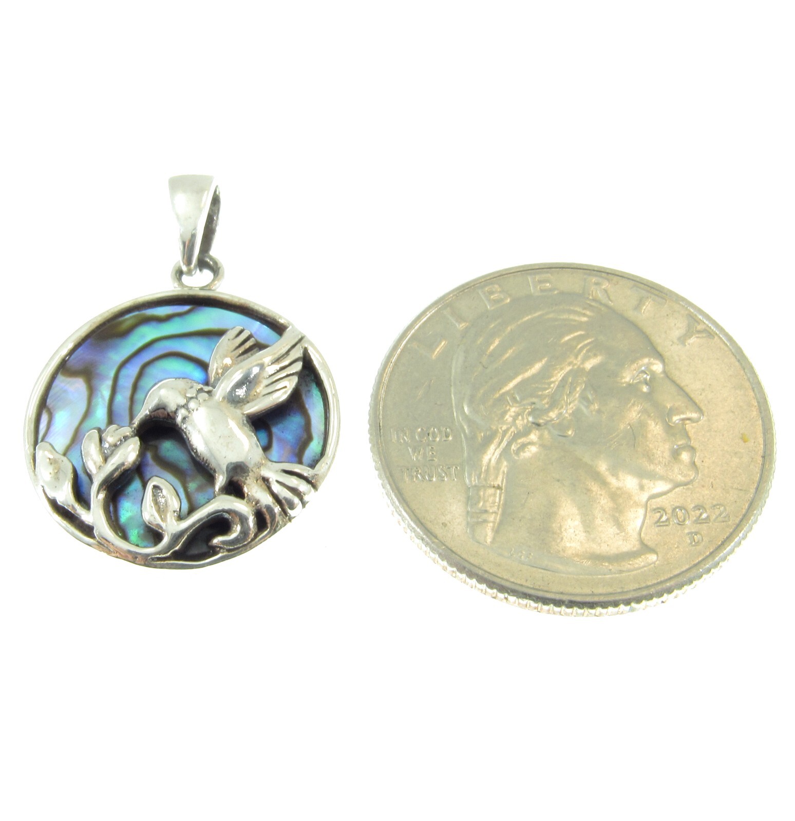 Solid 925 Sterling Silver Hummingbird Flower Pendant w/ Abalone Paua Shell