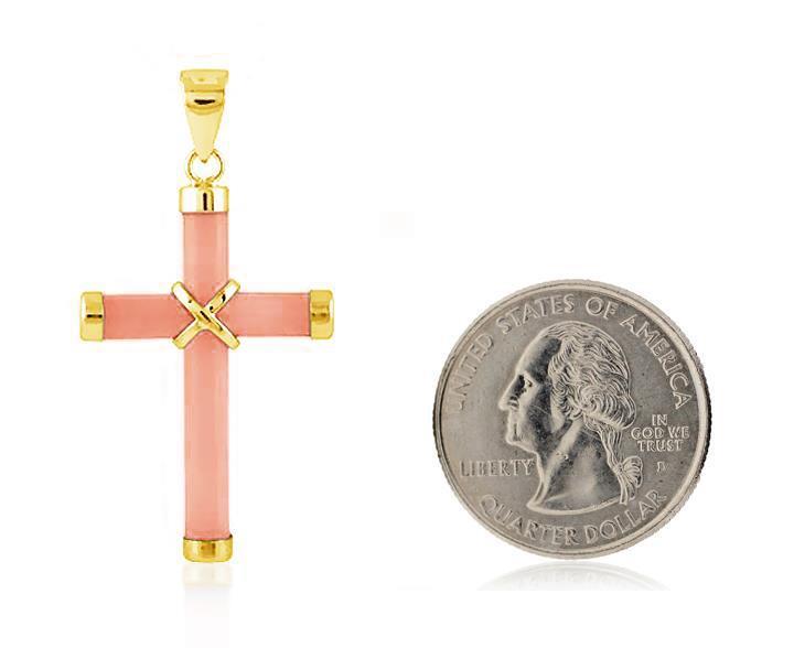 14K Yellow Gold Pink Jade Cross Religious Cross Pendant 1 1/2 Inch Drop