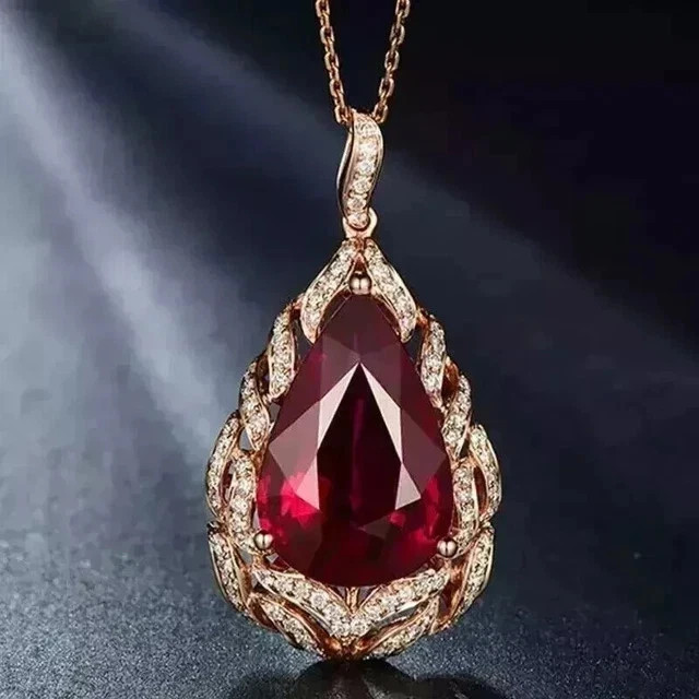 2.10Ct Pear Cut Lab Created Red Ruby Women Pendant 14K Rose Gold Plated 18″inch