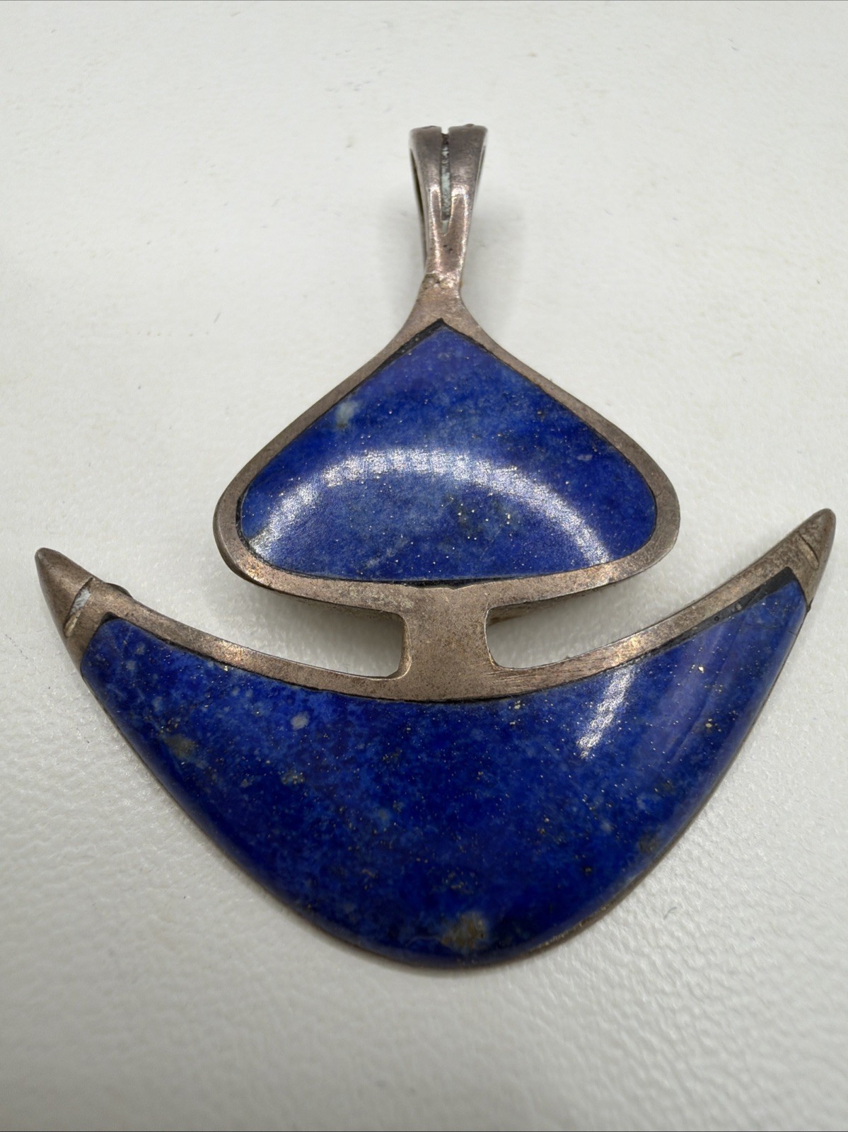 Sterling Silver Lapis Lazuli Pendant Modernist Shape 1.5″ 7.6+ Grams