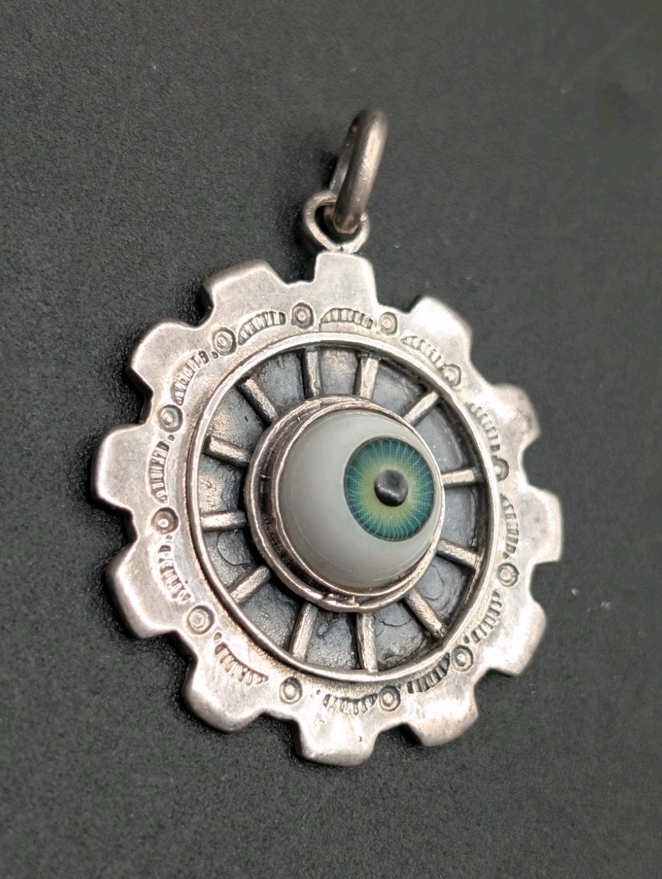 Sterling Silver 925 Evil Eye Good Luck Protection Stamped Steampunk Gear Pendant