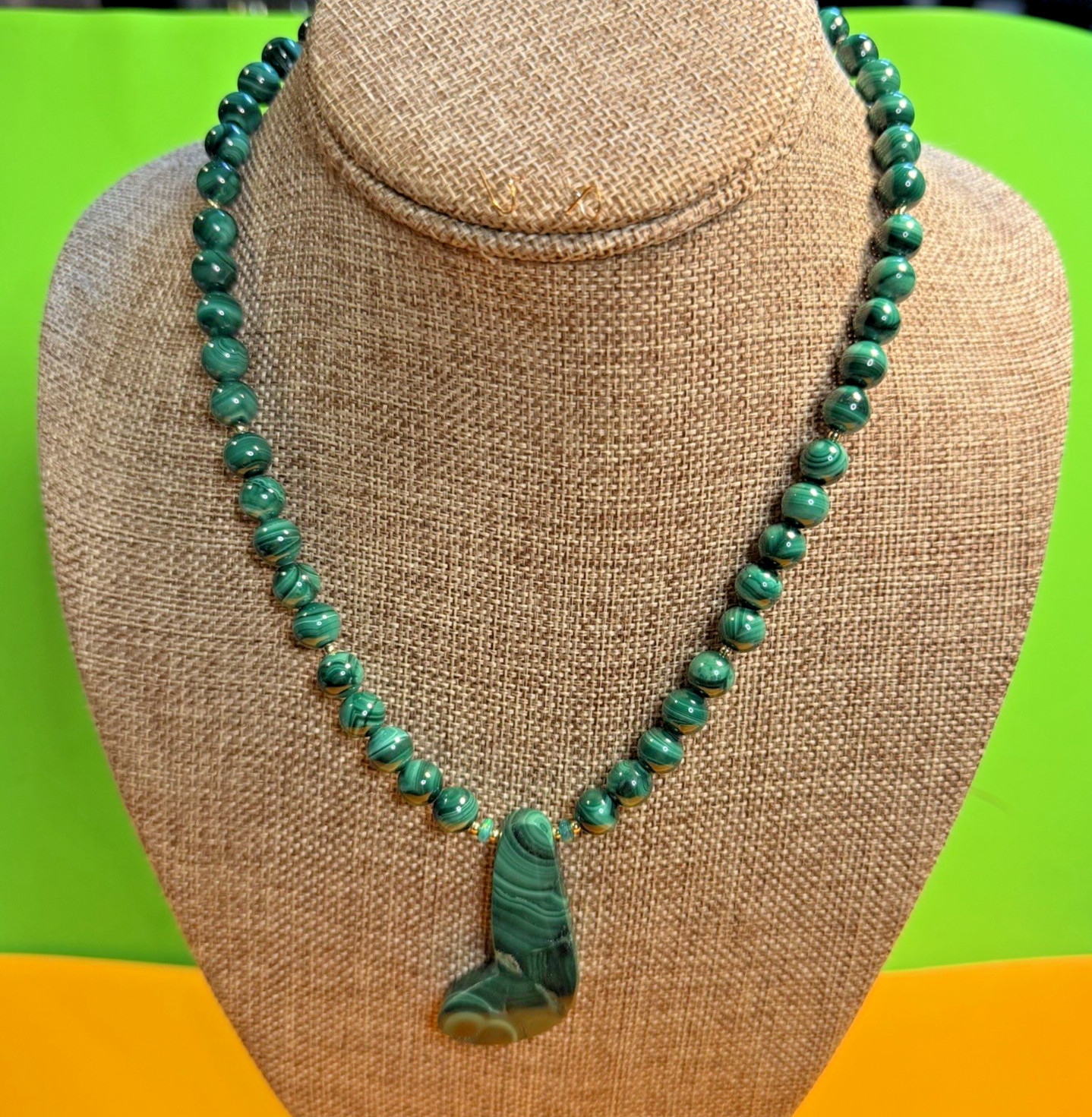 NATURAL EARTHY GREEN CURVED CRESCENT MALACHITE ARTISAN NECKLACE EARRING SET
