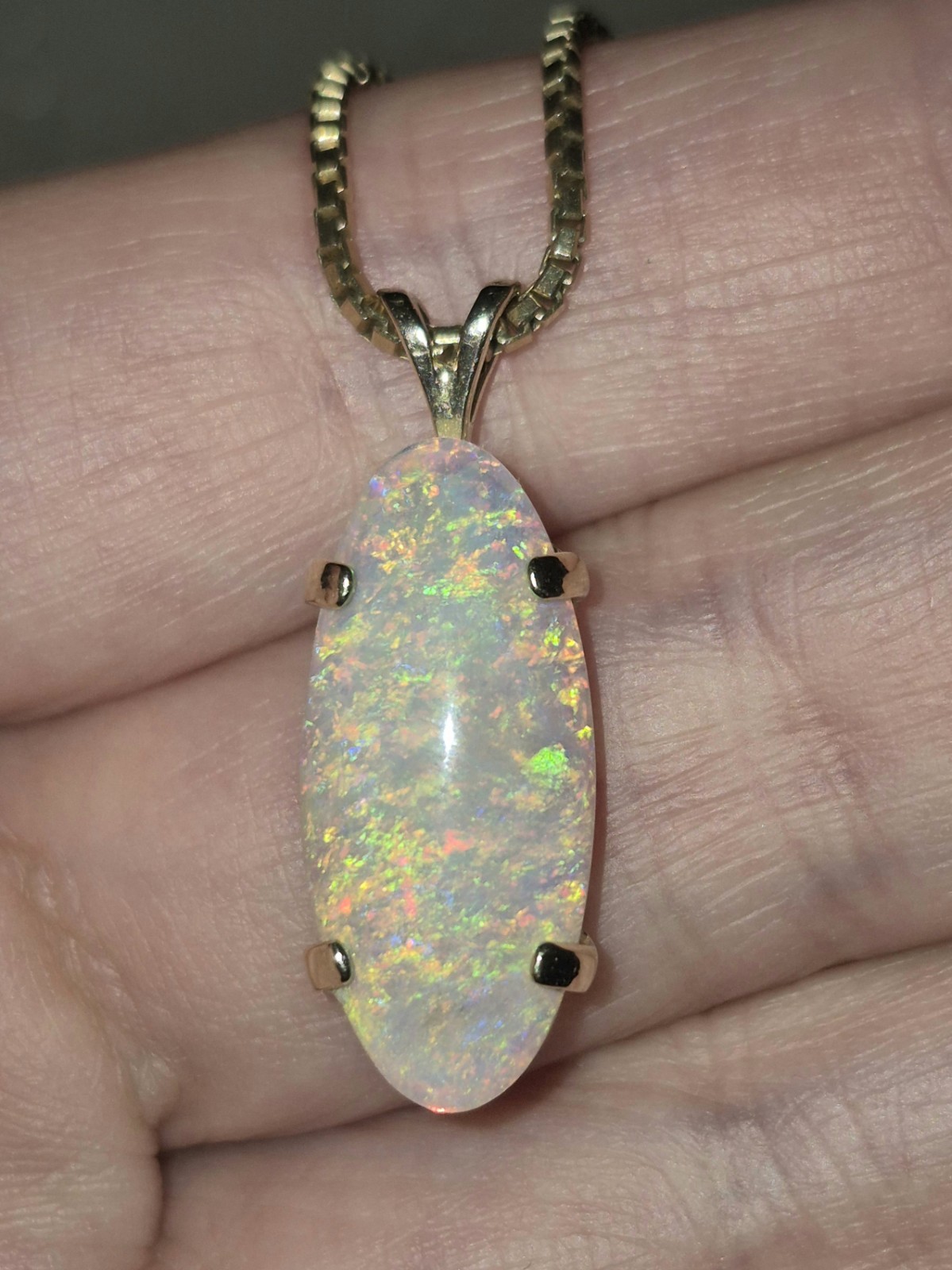 AMAZING 18k 14k GOLD LARGE 22mm NATURAL FIRE OPAL DIAMOND PENDANT 16″ CHAIN 8.2g