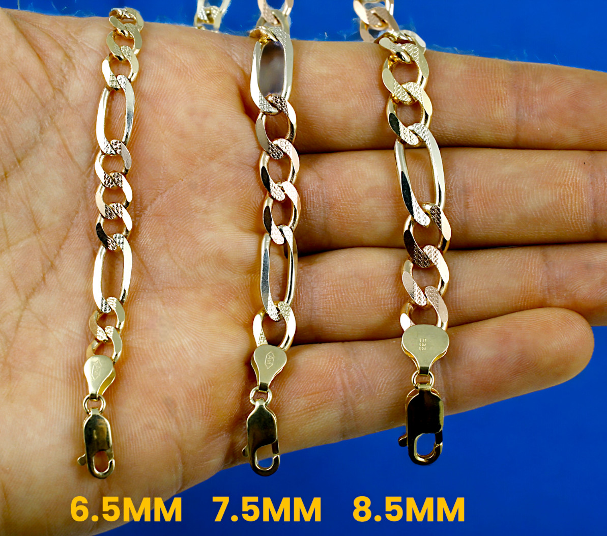 14K Tri Color Gold SOLID Figaro Necklace Bracelet Chain D/C 2mm-8.5mm 7″-30″