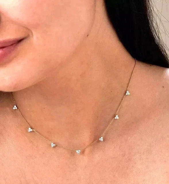 1Ct Round Cut White Moissanite Women’s Chain Necklace 14K Yellow Gold Plated
