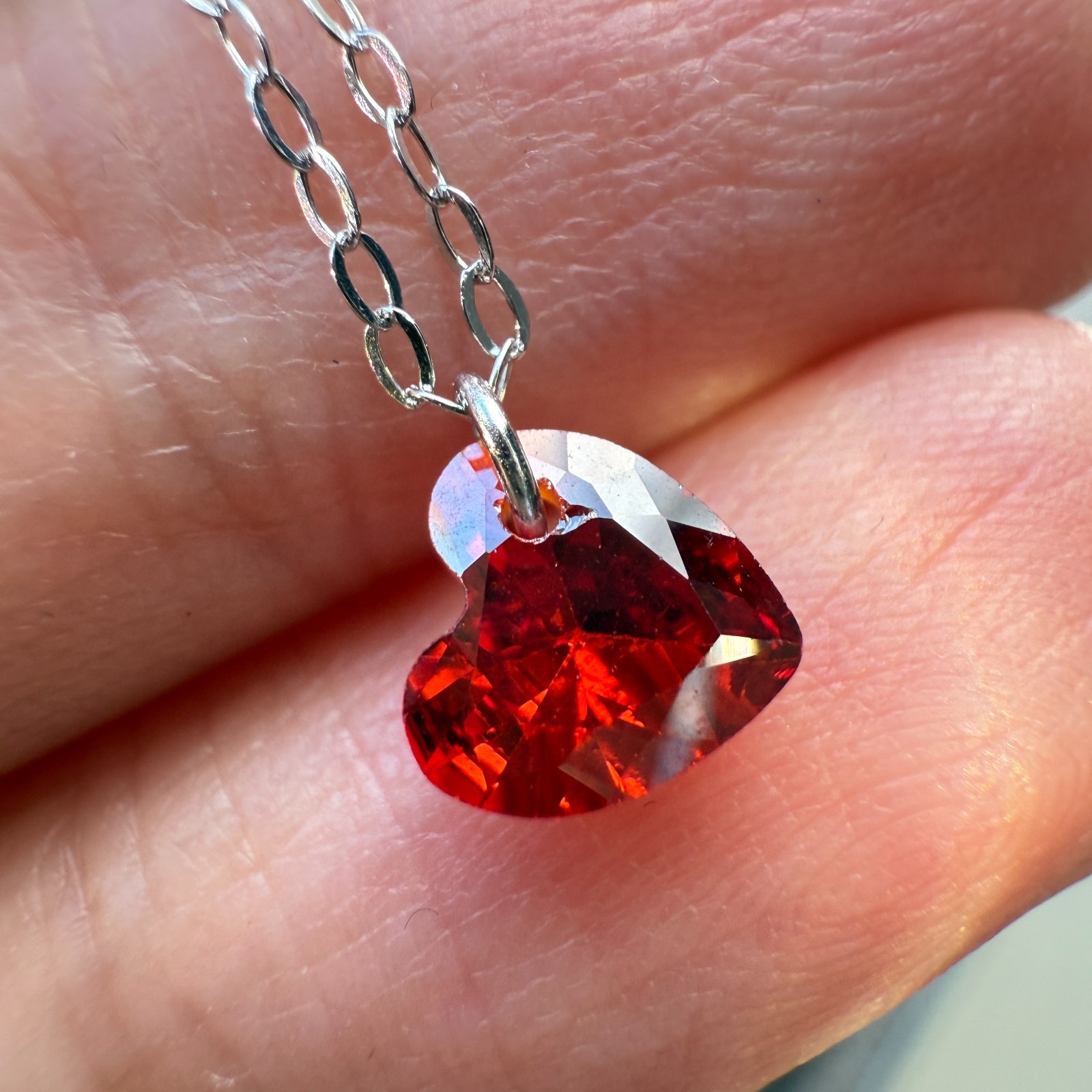 925 Sterling Silver Necklace 6mm Heart Red Natural Zircon Gemstone Chain Gift