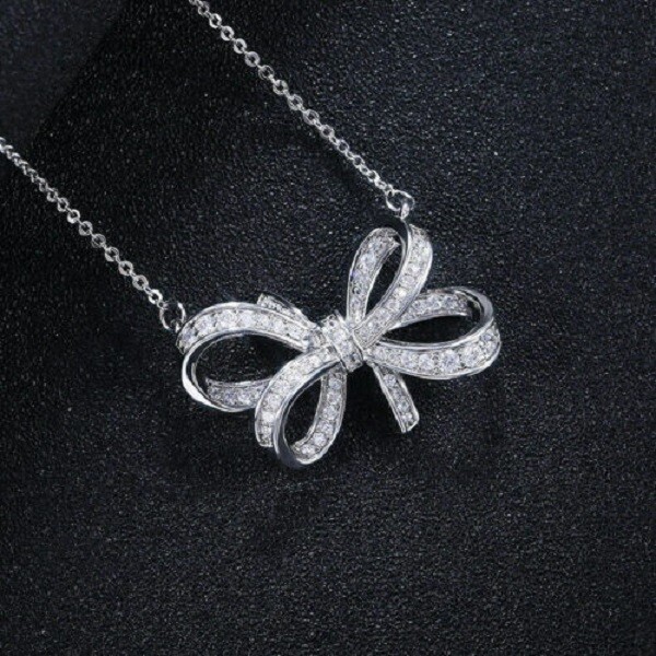 1.00Ct Round Cut Diamond Bow Knot Pendant 14K White Gold Finish 18″ Free Chain