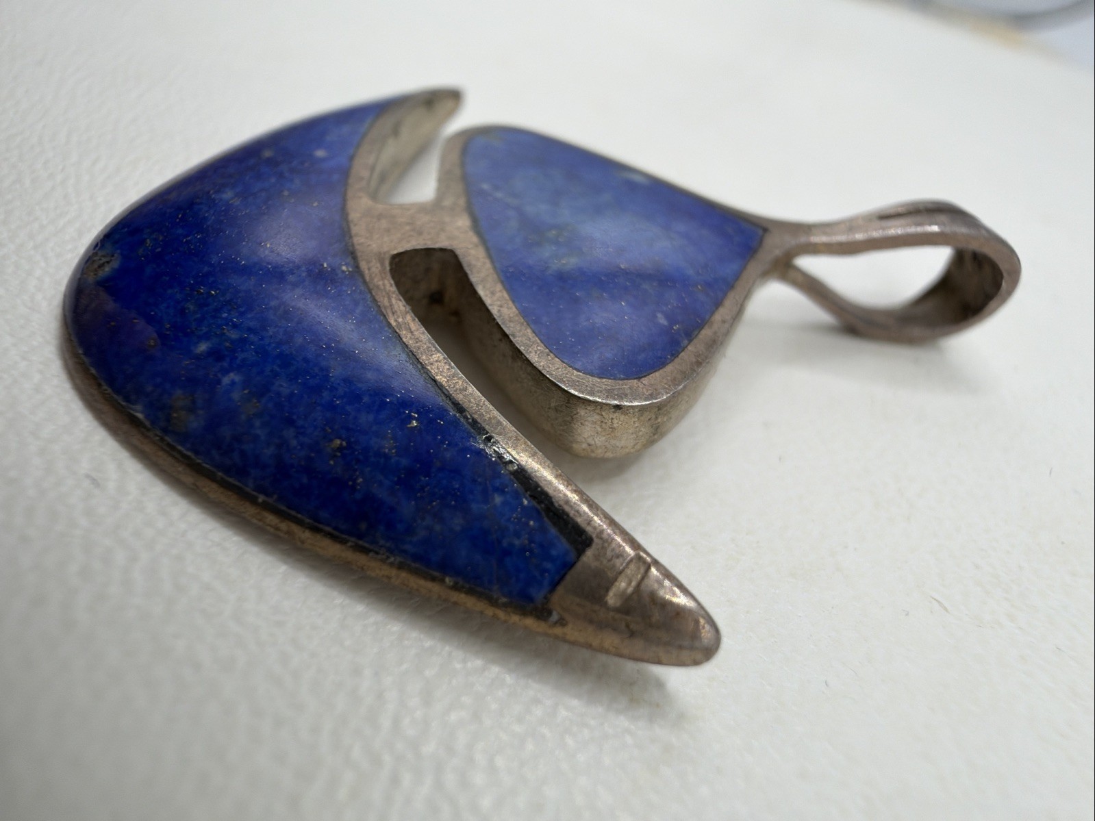 Sterling Silver Lapis Lazuli Pendant Modernist Shape 1.5″ 7.6+ Grams