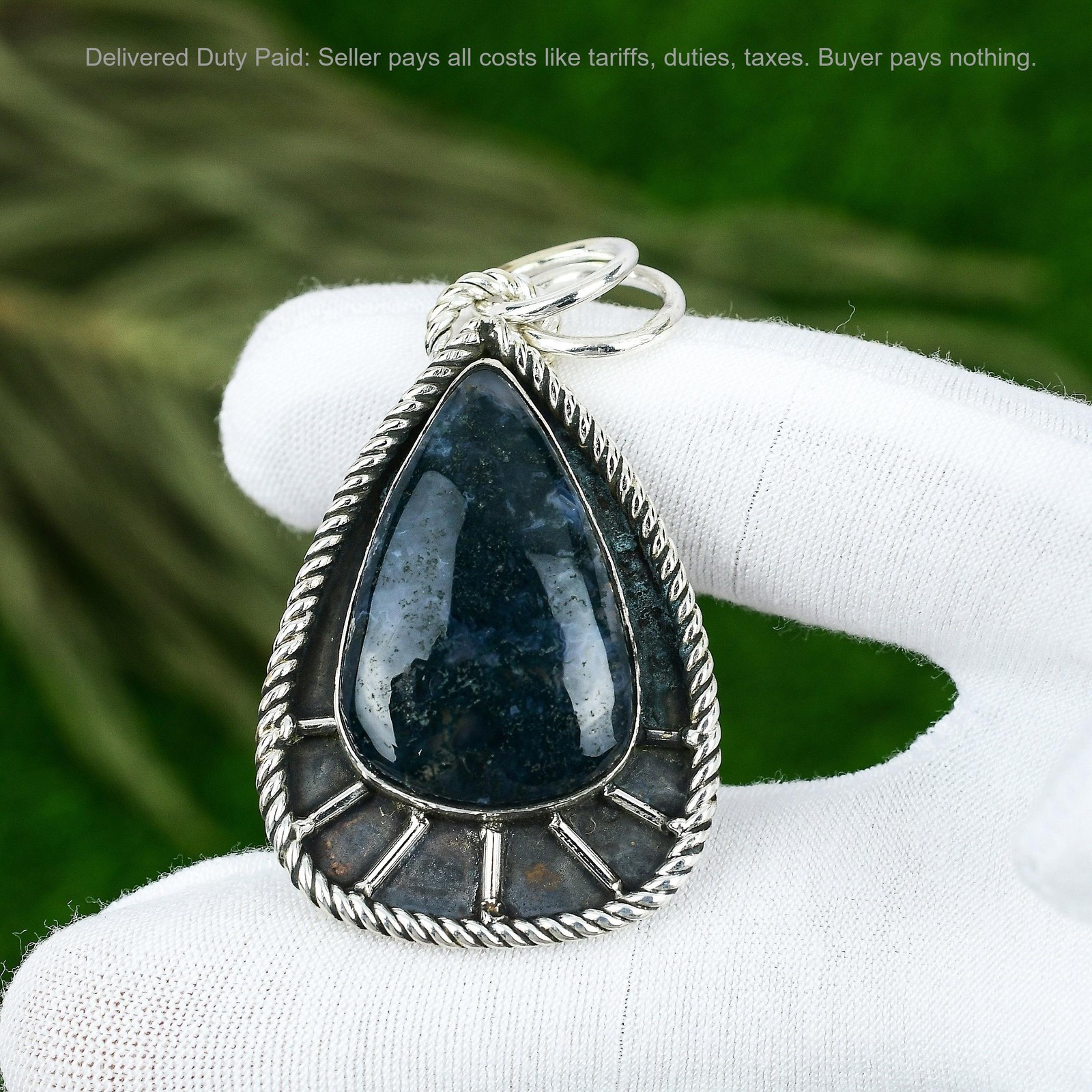 925 Silver Solar Moss Agate Stone Bezel Birthday Handmade Ethnic Pendant Jewelry