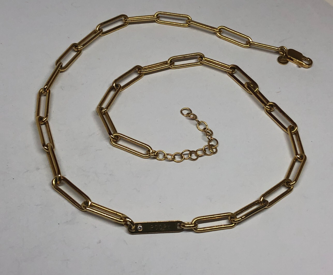 Gold Vermeil Sterling Silver Paperclip ID: Poopy Diamond Necklace 20.5″ [065GRA]