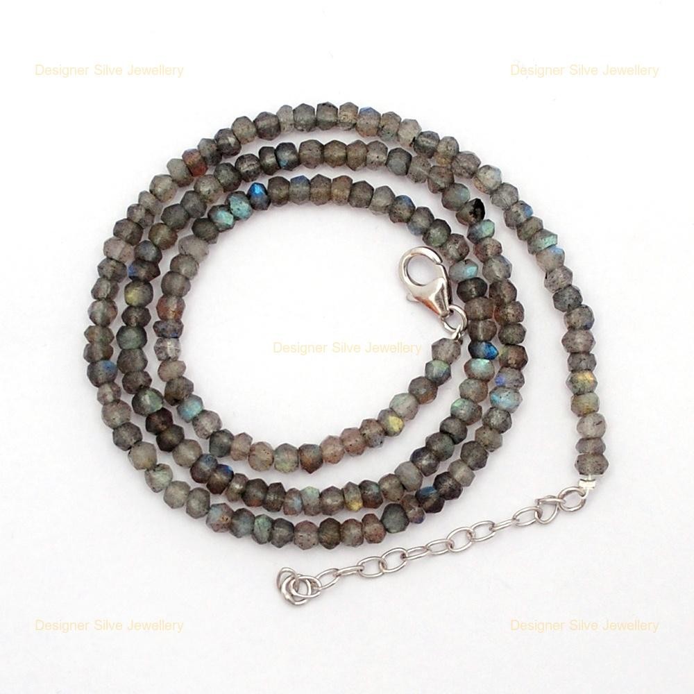 New Blue Flashy Sterling Silver Labradorite Gemstone Boho Beaded Necklace Chain