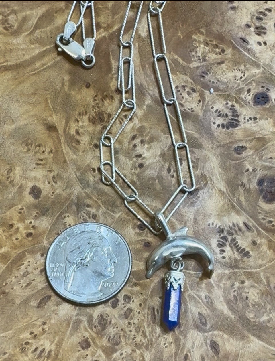 Sterling Silver Etched Paperclip Dolphin Necklace with Lapis Crystal Point Italy