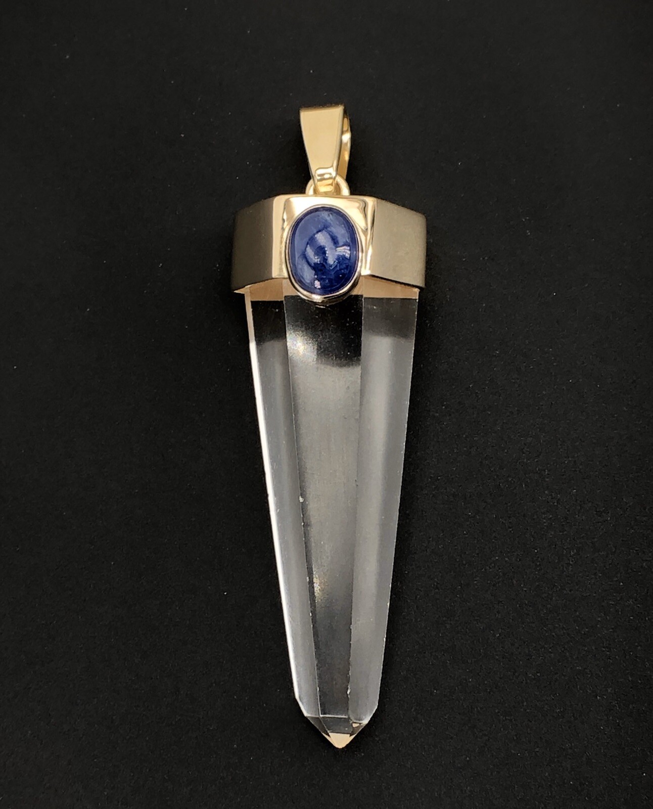 Unique 14k Gold Natural Quartz Point & Sapphire Pendant, 2.4″, New