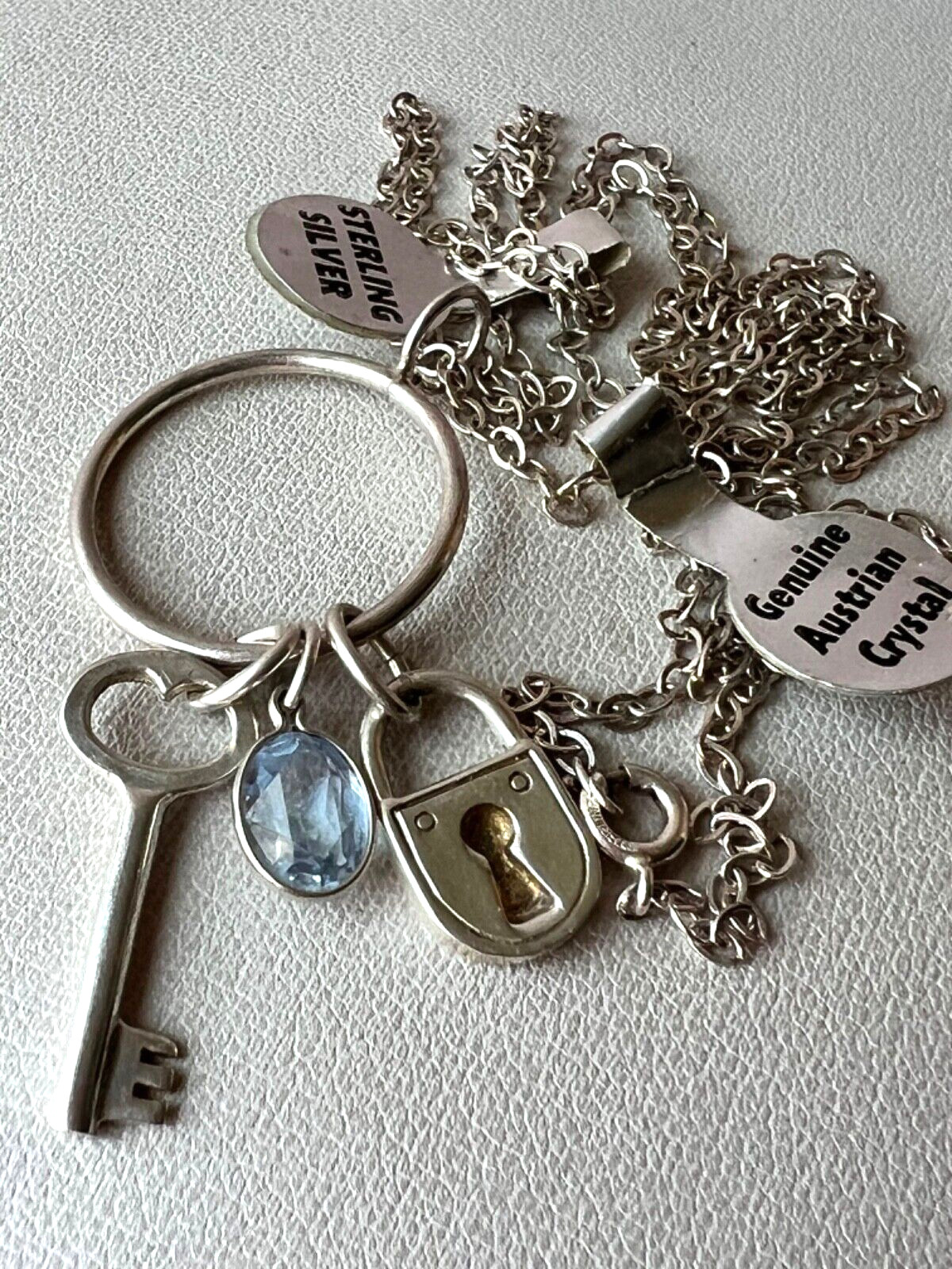 KEY, LOCK, BLUE CRYSTAL LARIAT PENDANT NECKLACE LONG CHAIN 925 STERLING SILVER