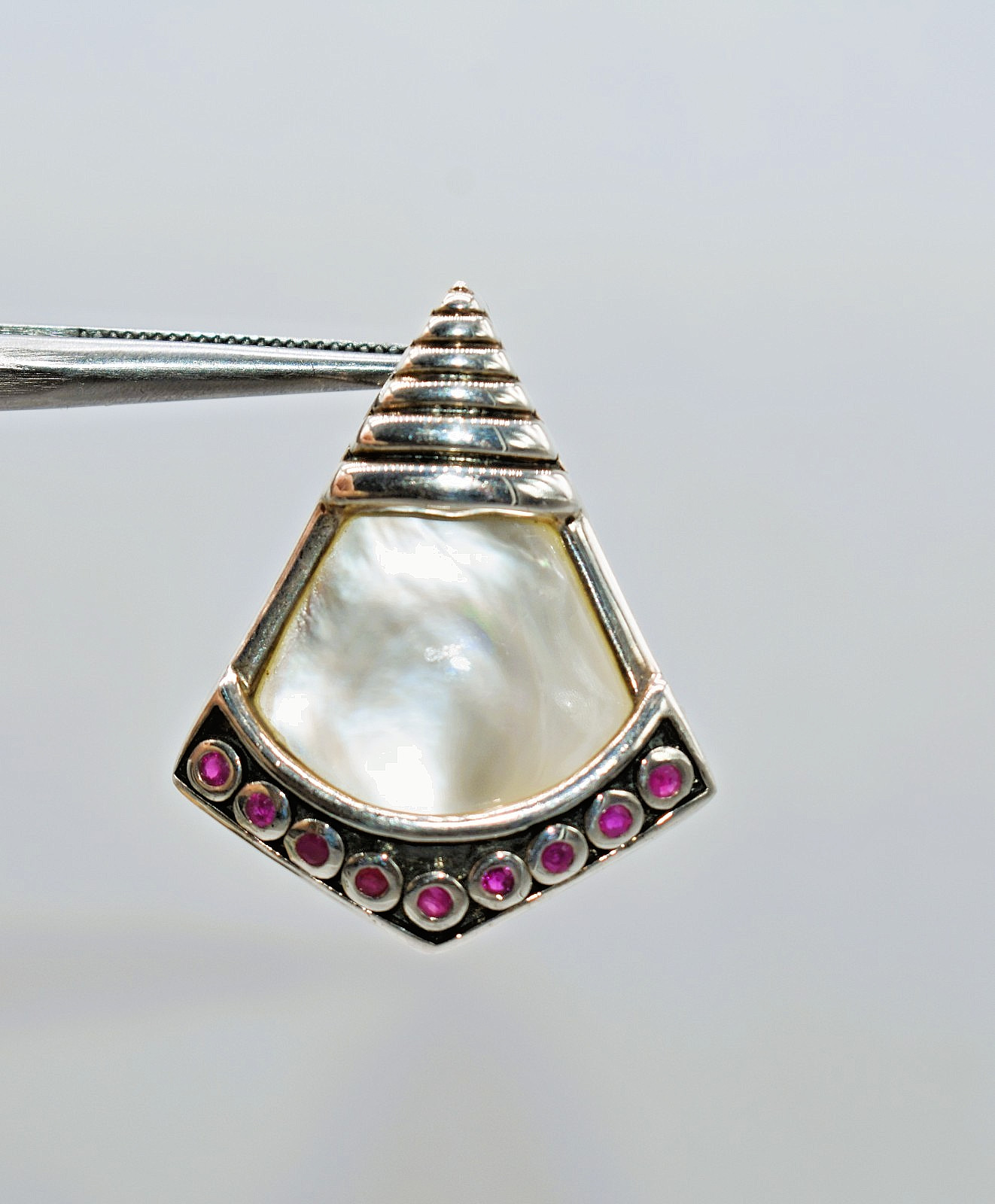 Mother of Pearl & Rubies Sterling Silver Thailand Pendant 1-1/2 inch