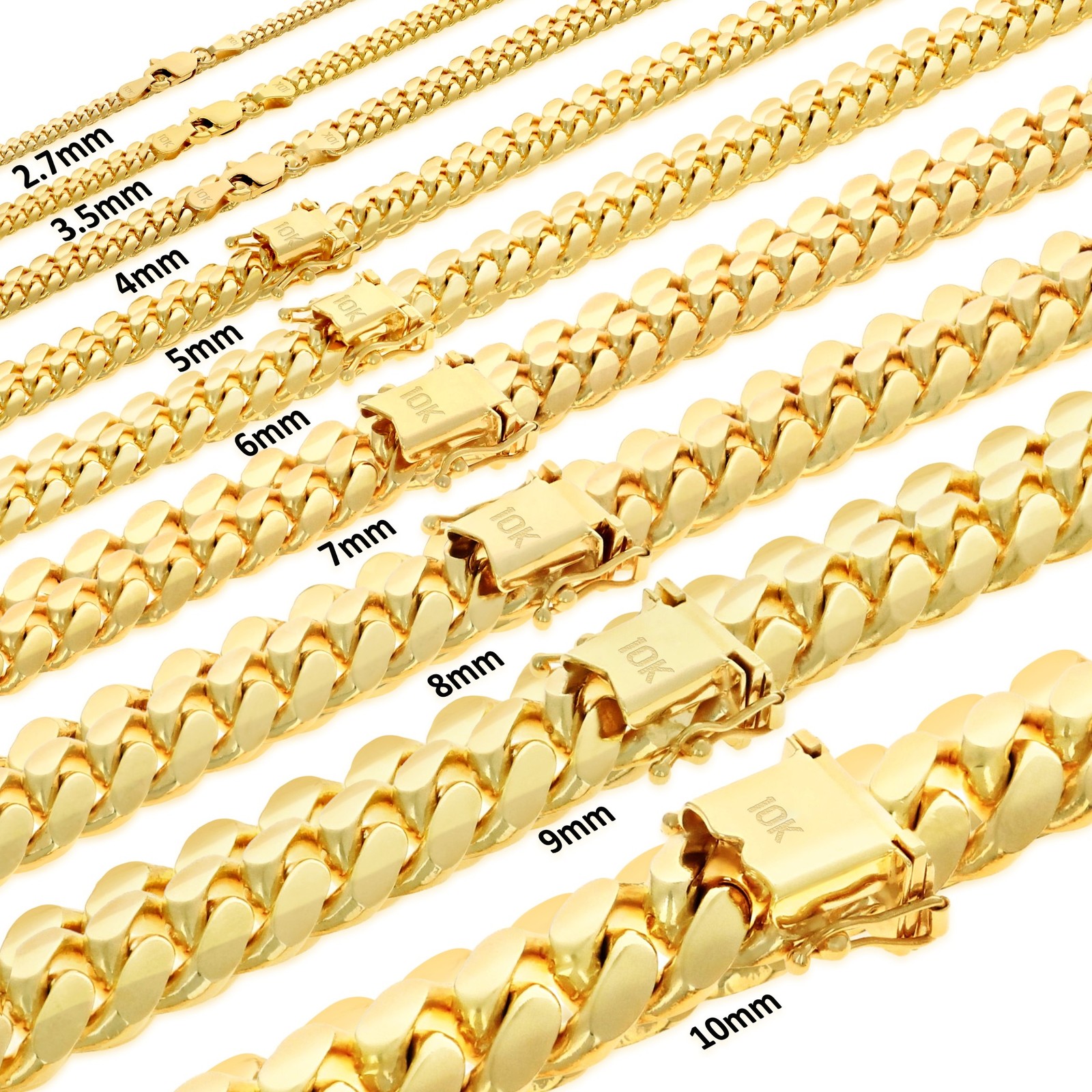 10K Yellow Gold Solid 2.7mm-10mm Miami Cuban Link Chain Pendant Necklace 18″-30″