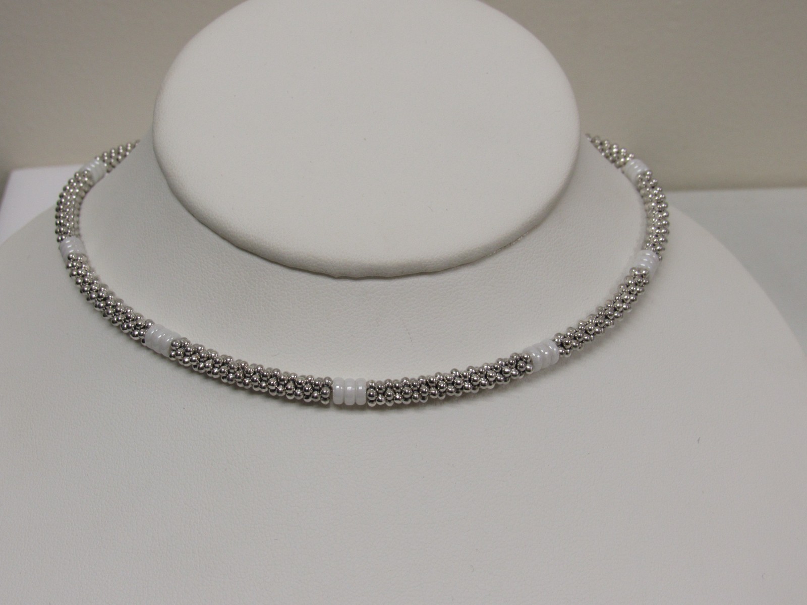 Designer LAGOS Sterling Silver 5mm White Ceramic Caviar Beaded Necklace