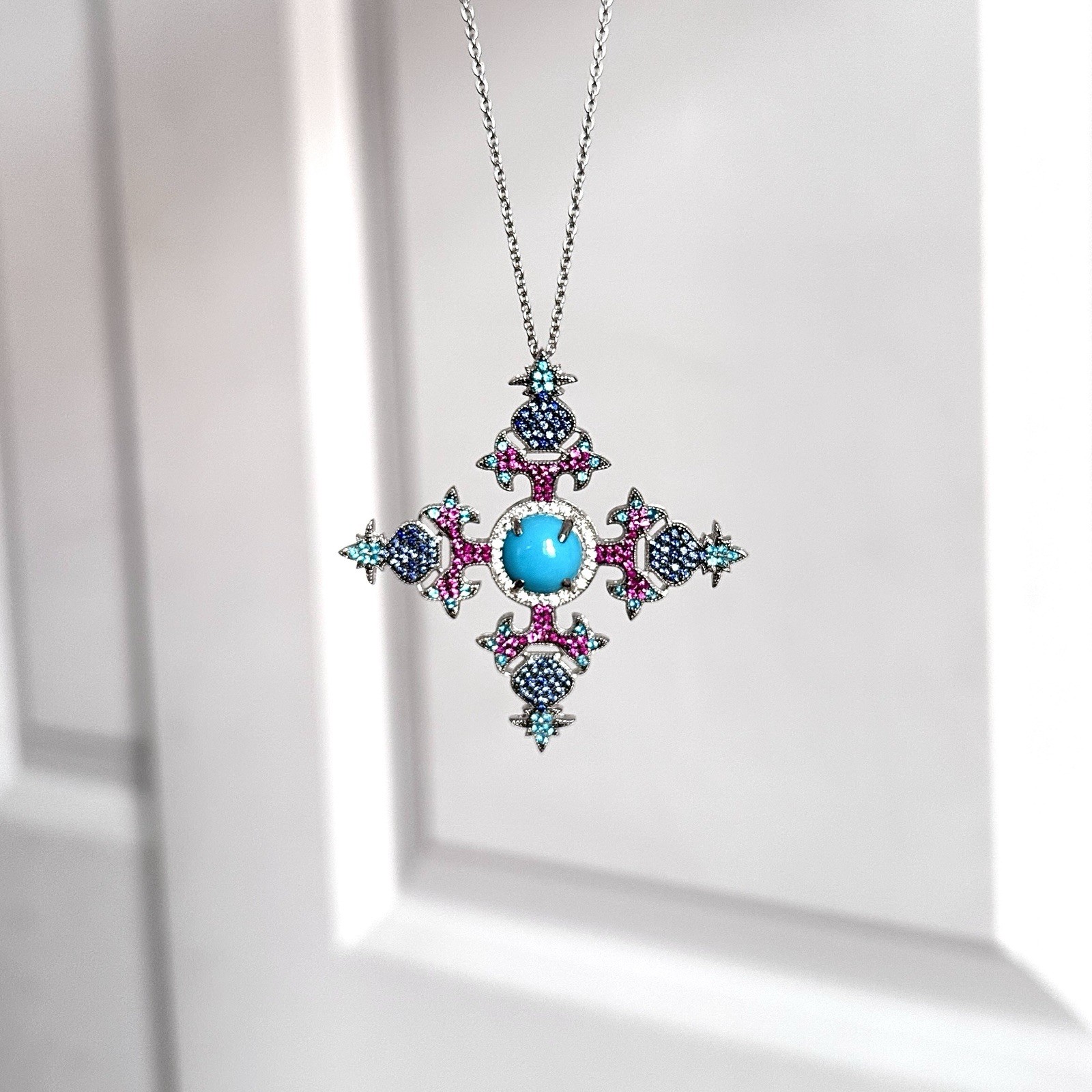 Vintage Art Deco Sleeping Beauty Turquoise Sapphire Cross Pendant 925 Silver