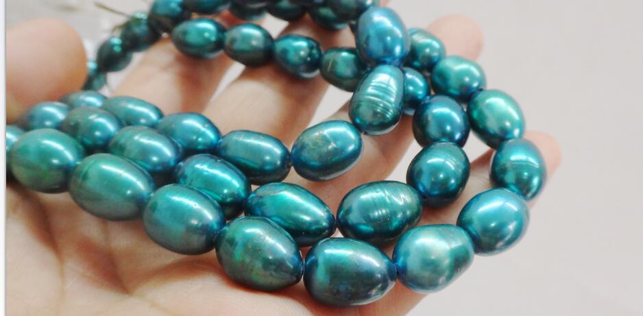 Huge 22″10x14mm natural south sea genuine green blue peacock pearl necklace 14K