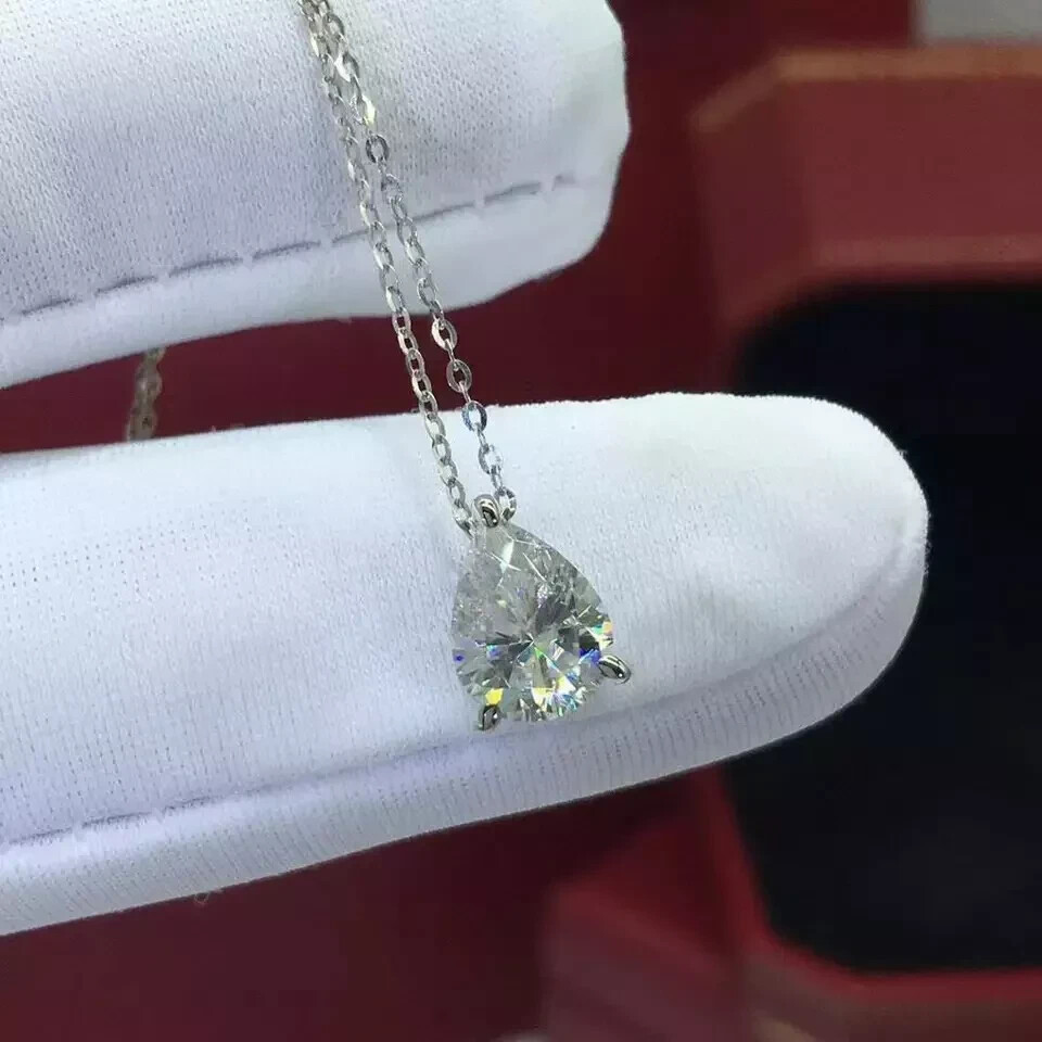 2Ct Pear Cut VVS1 Diamond Solitaire Pendant 14K White Gold Finish Free Chain