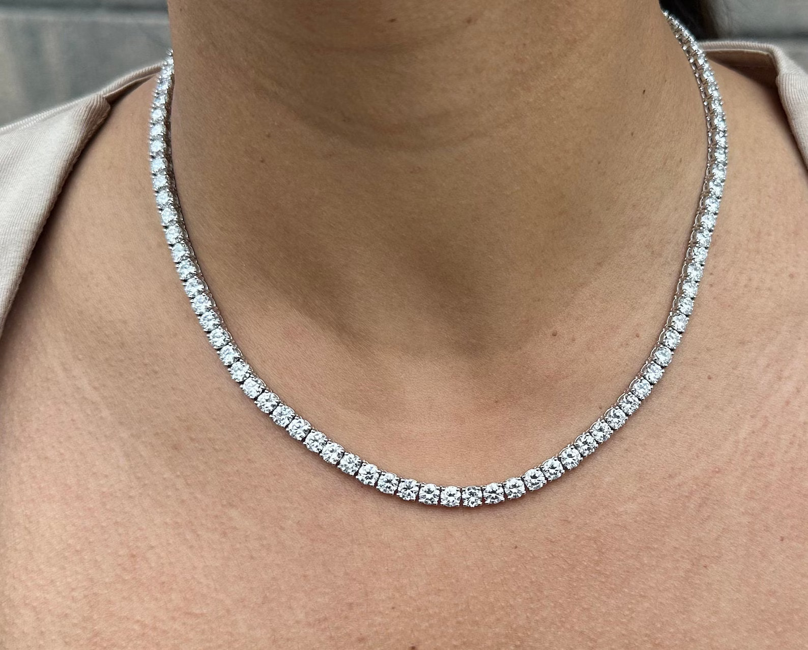 15 Carat Round Natural Diamond Tennis Necklace 14K White Gold 16 inch